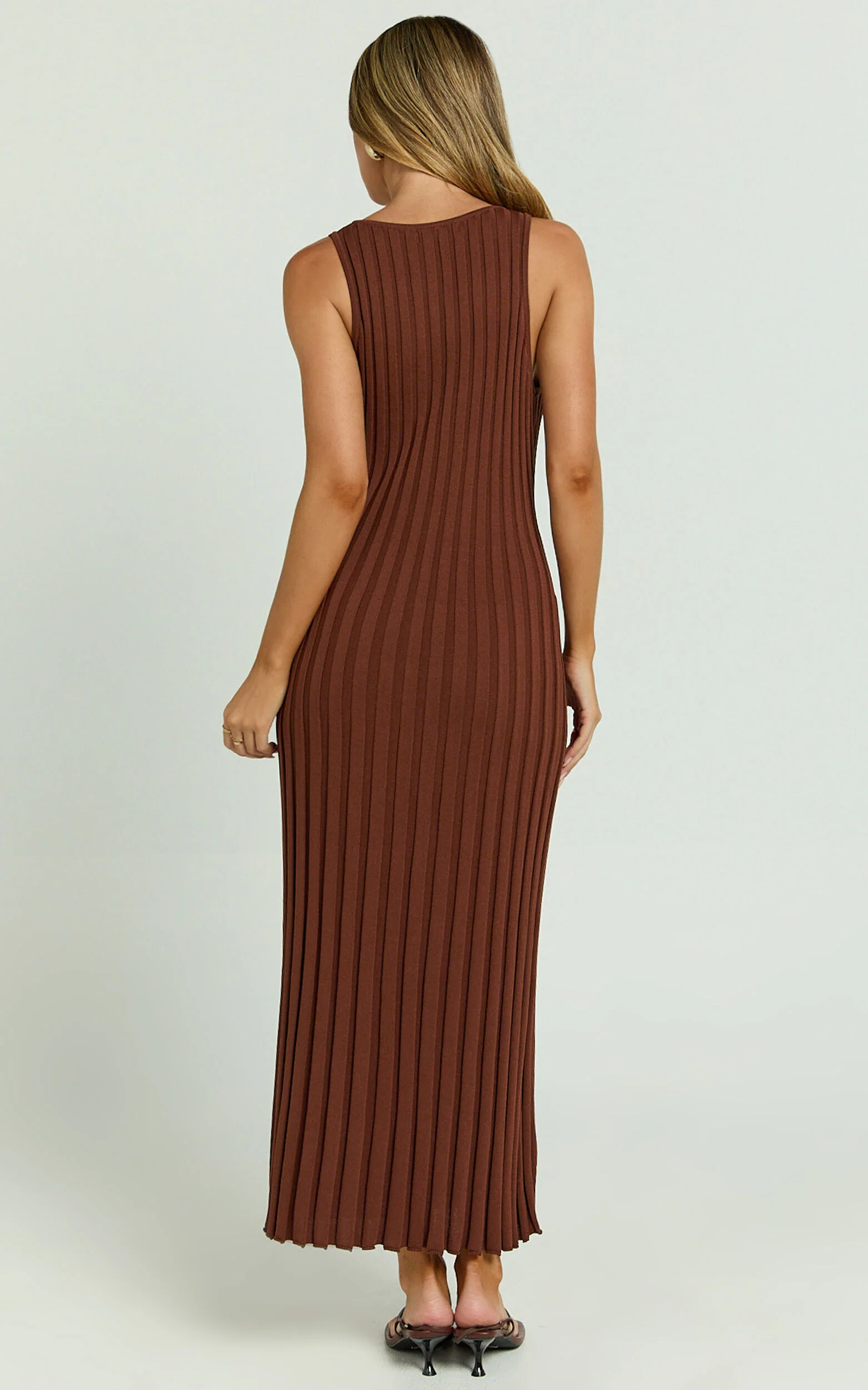 Maya Midi Knit Dress - Sleeveless V Neck Knited Dress in Dark Chocolate