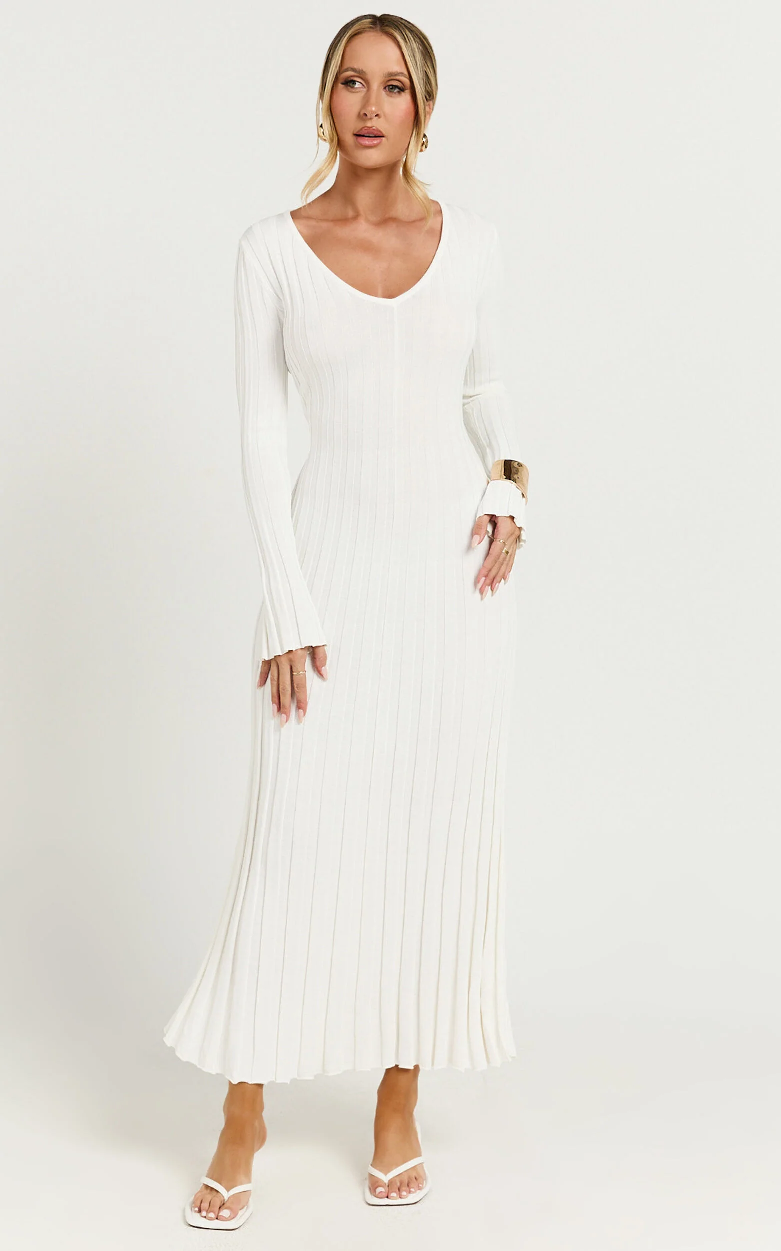 Astra Midi Dress - V Neck Long Sleeve Knit Dress in White