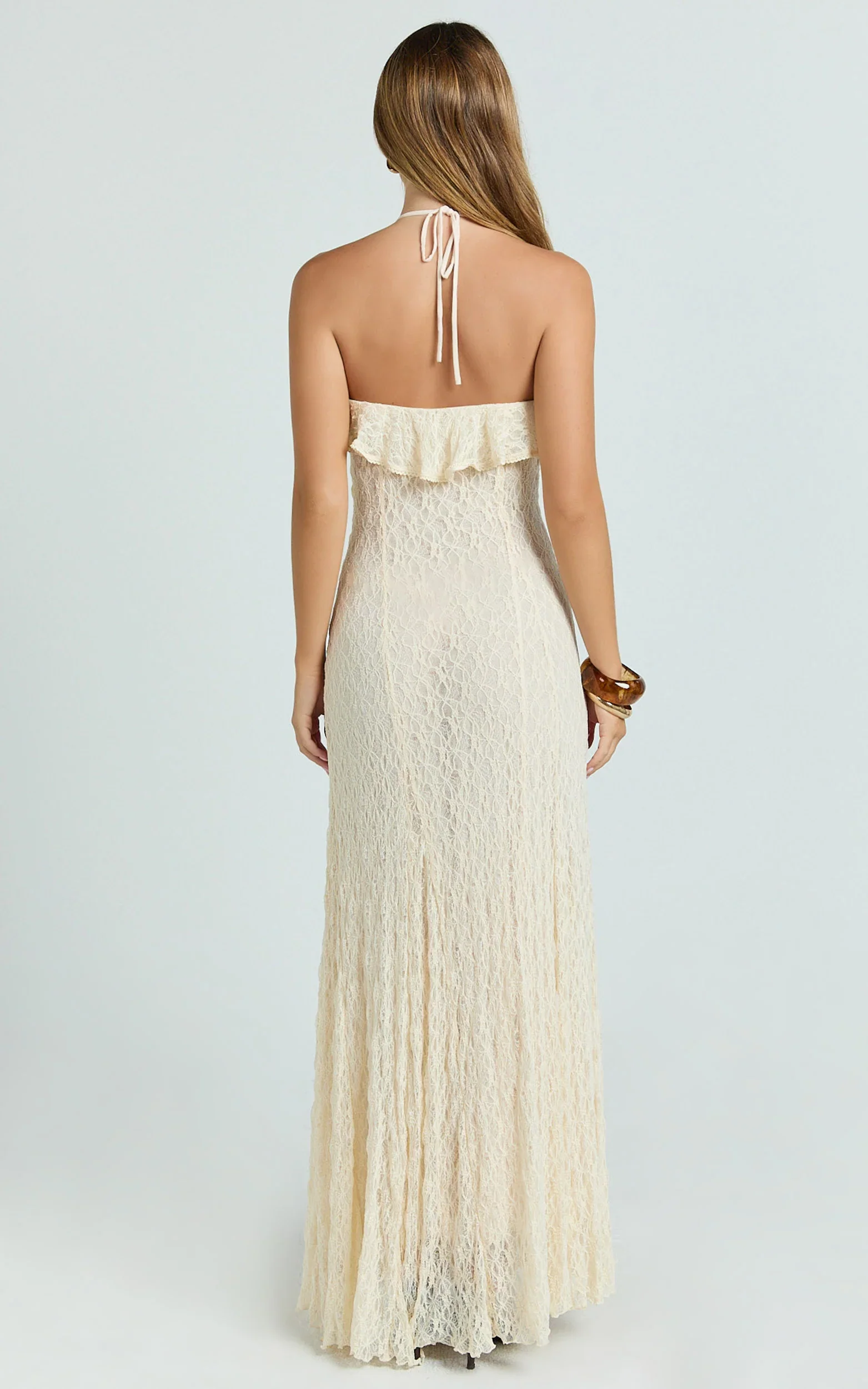 Rhea Maxi Dress - Lace Ruffle Halter A Line Godet Dress in Cream