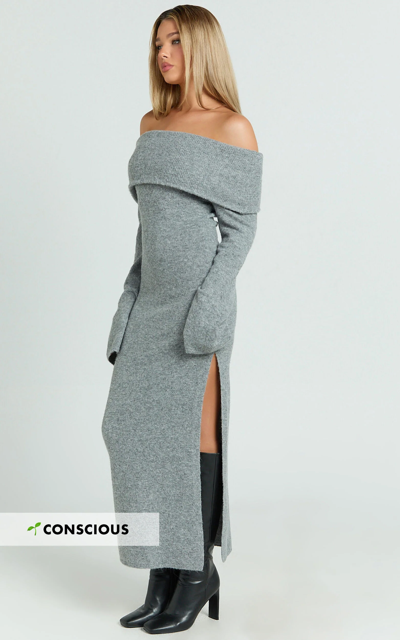 Darcie Midi Dress - Off Shoulder Knitted Long Sleeve Dress in Grey Marle