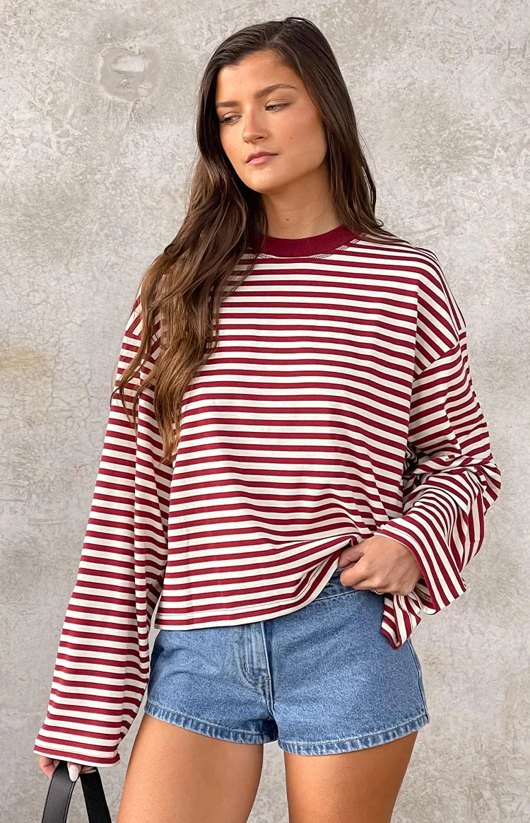 Lioness Bloom Wine Stripe Long Sleeve Top