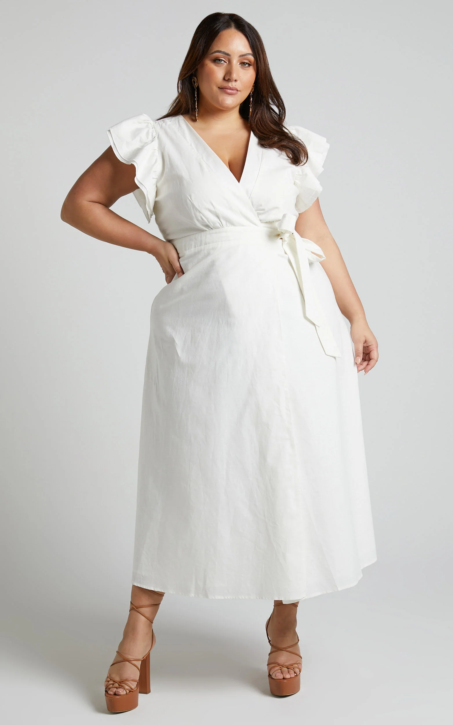 Amalie The Label - Palmer Linen Blend Frill Sleeve Wrap Dress in White