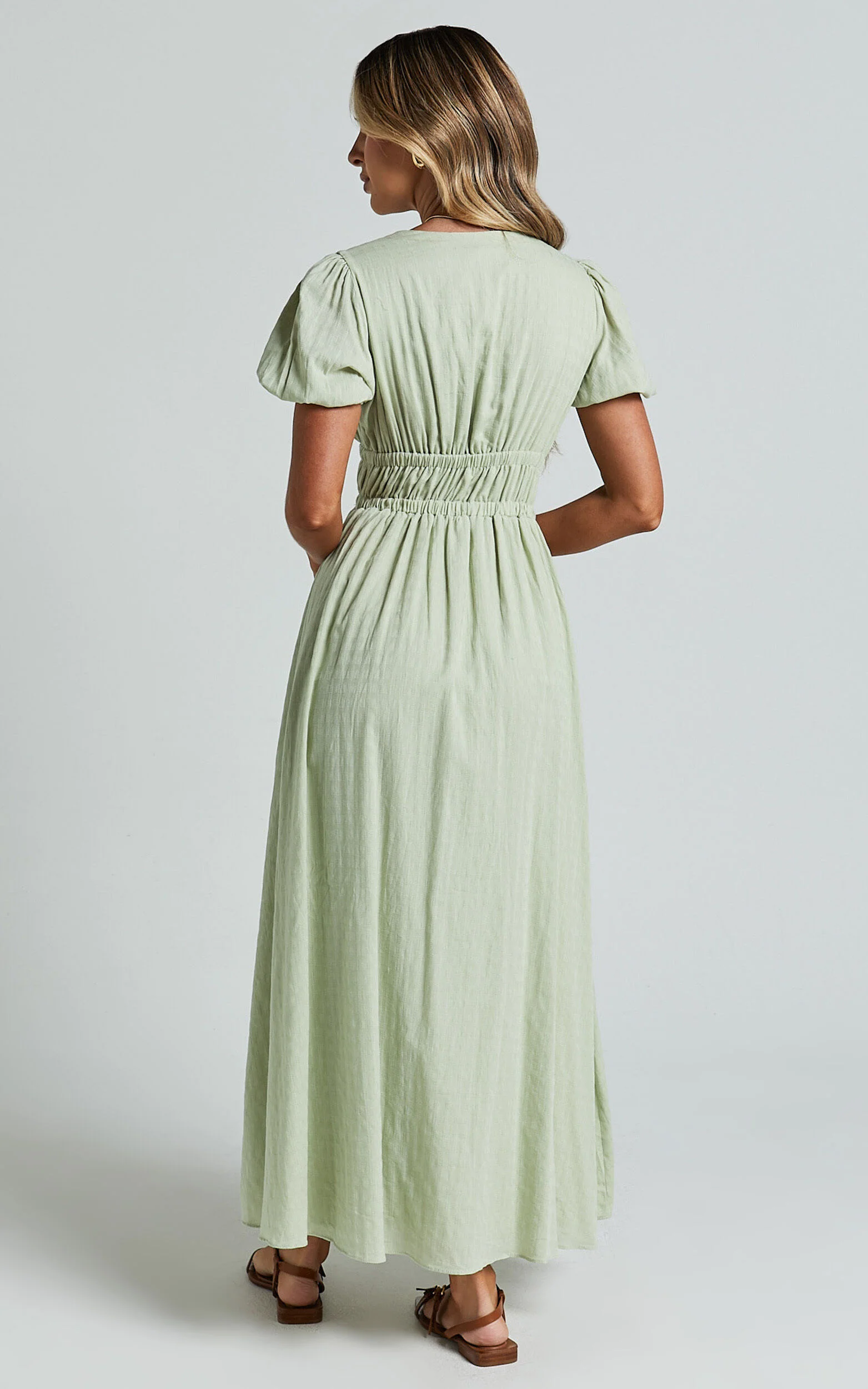 Matteo Midi Dress - Deep V Neck Puff Sleeve Dress in Sage