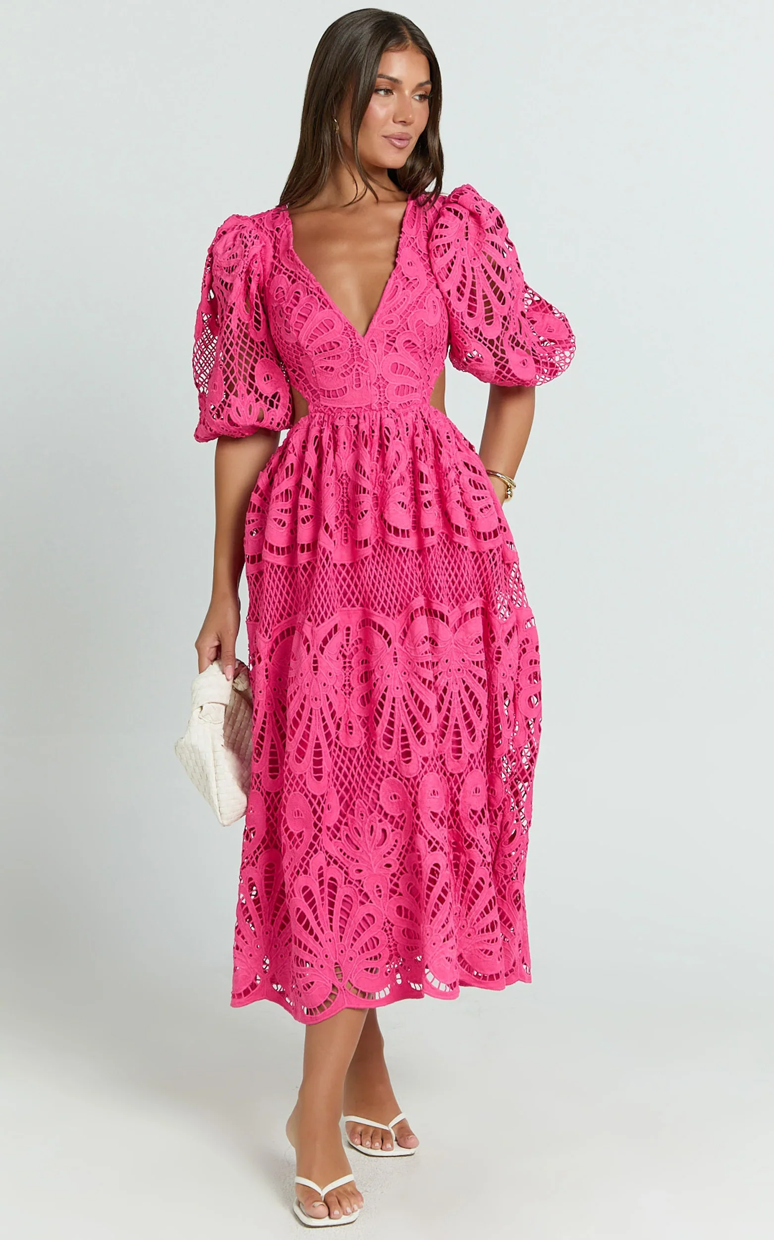 Anieshaya Midi Dress - V Neck Cut Out Lace Dress in Pink