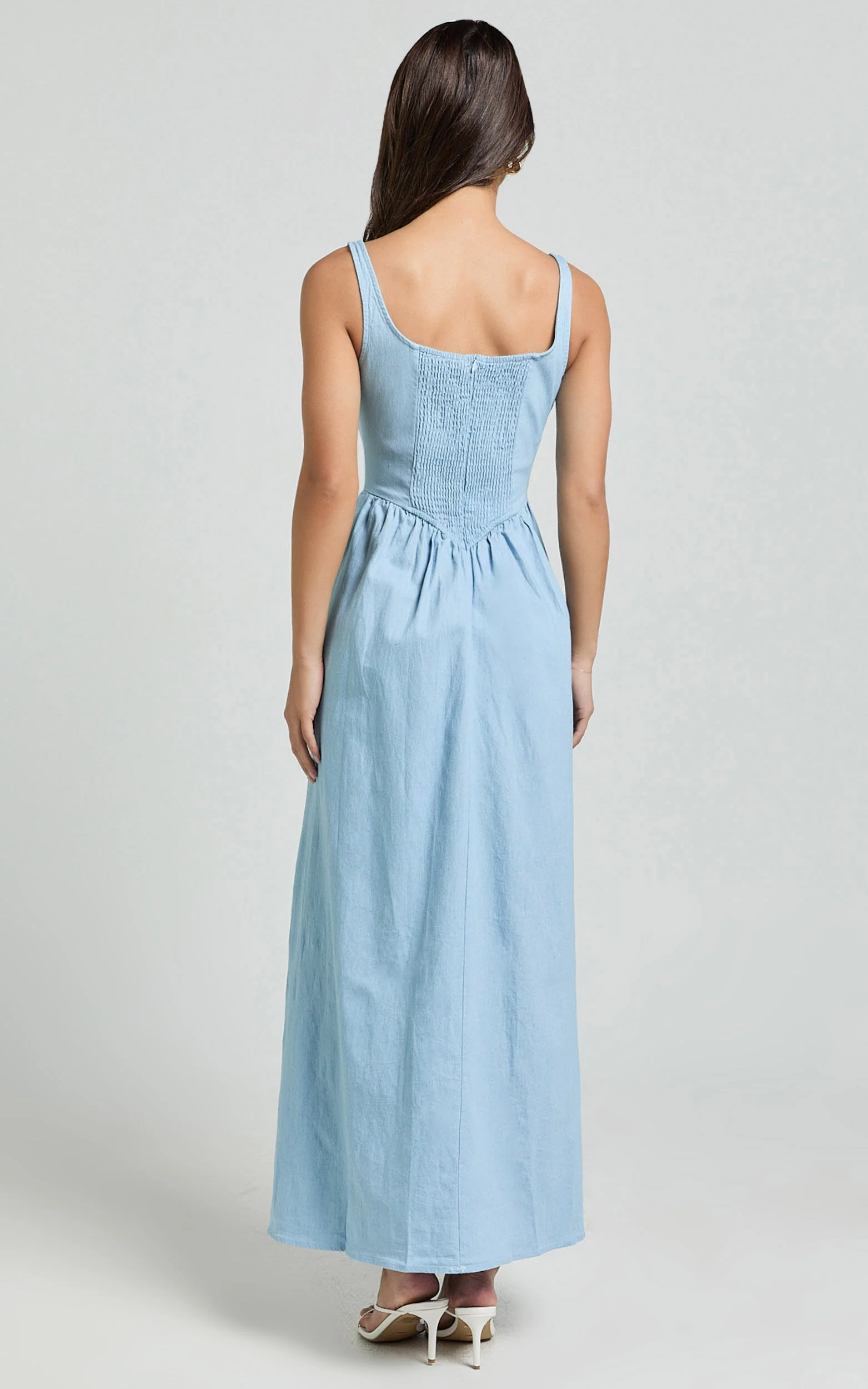 Rhaziya Midi Dress - Sleeveless Straight Neck Fit and Flare Dress in Blue