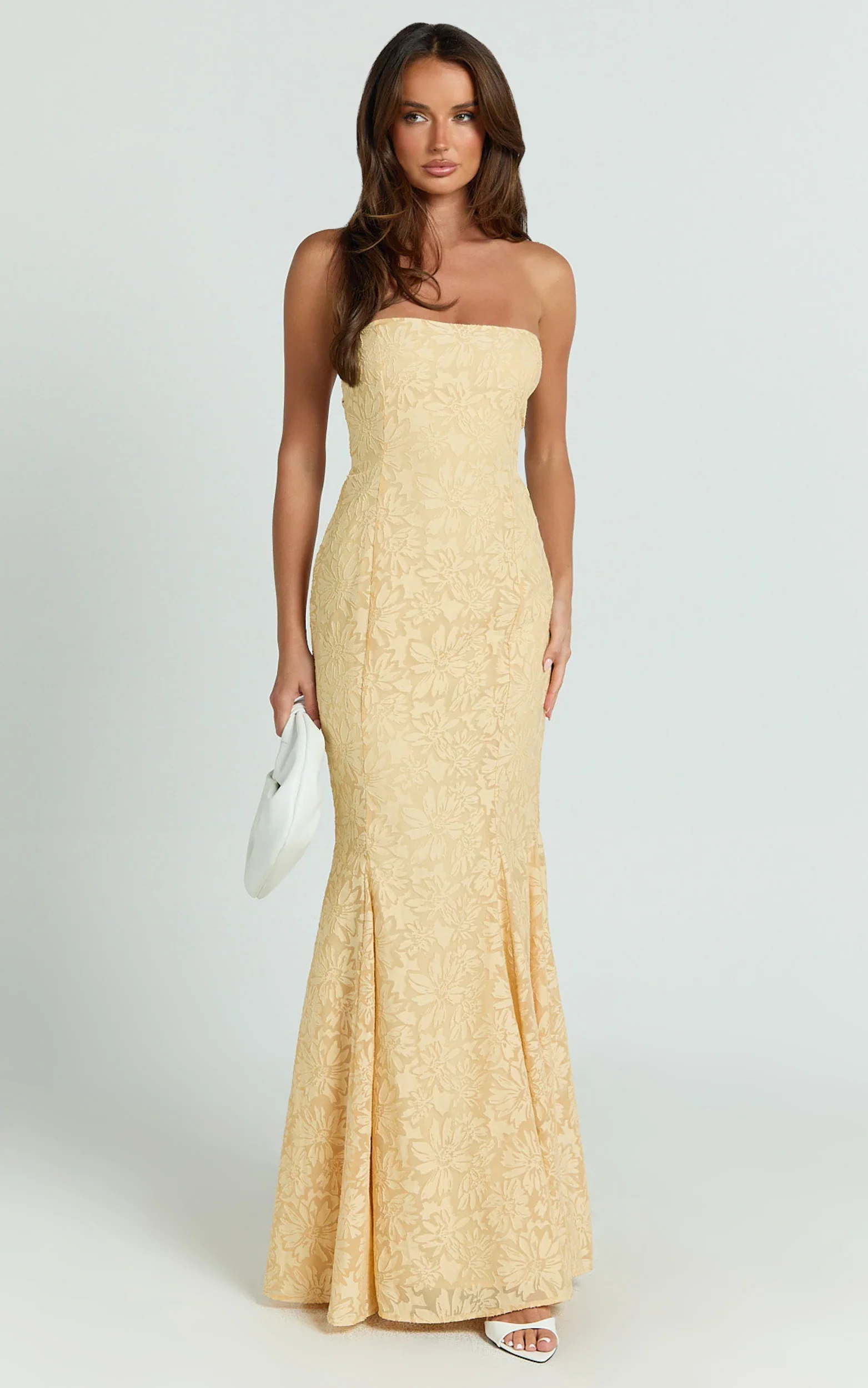 Belrose Maxi Dress - Jacquard Square Neck Fit And Flare Dress in Yellow