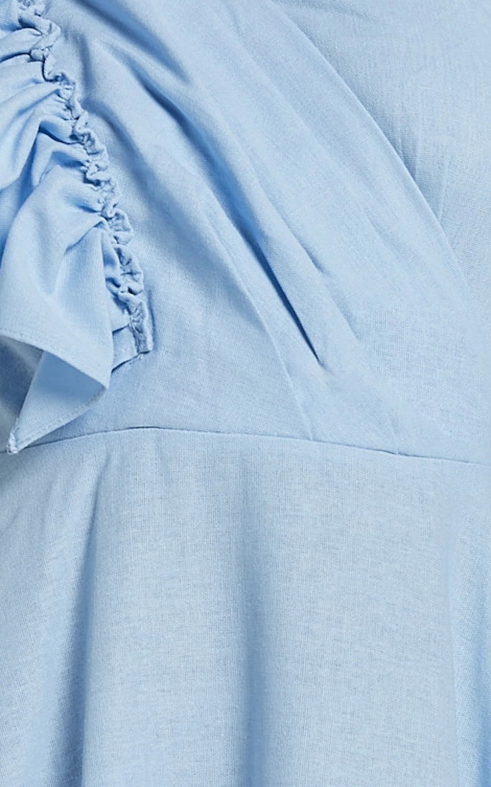 Dixie Midi Dress - Linen Look One Shoulder Ruffle Dress in Blue