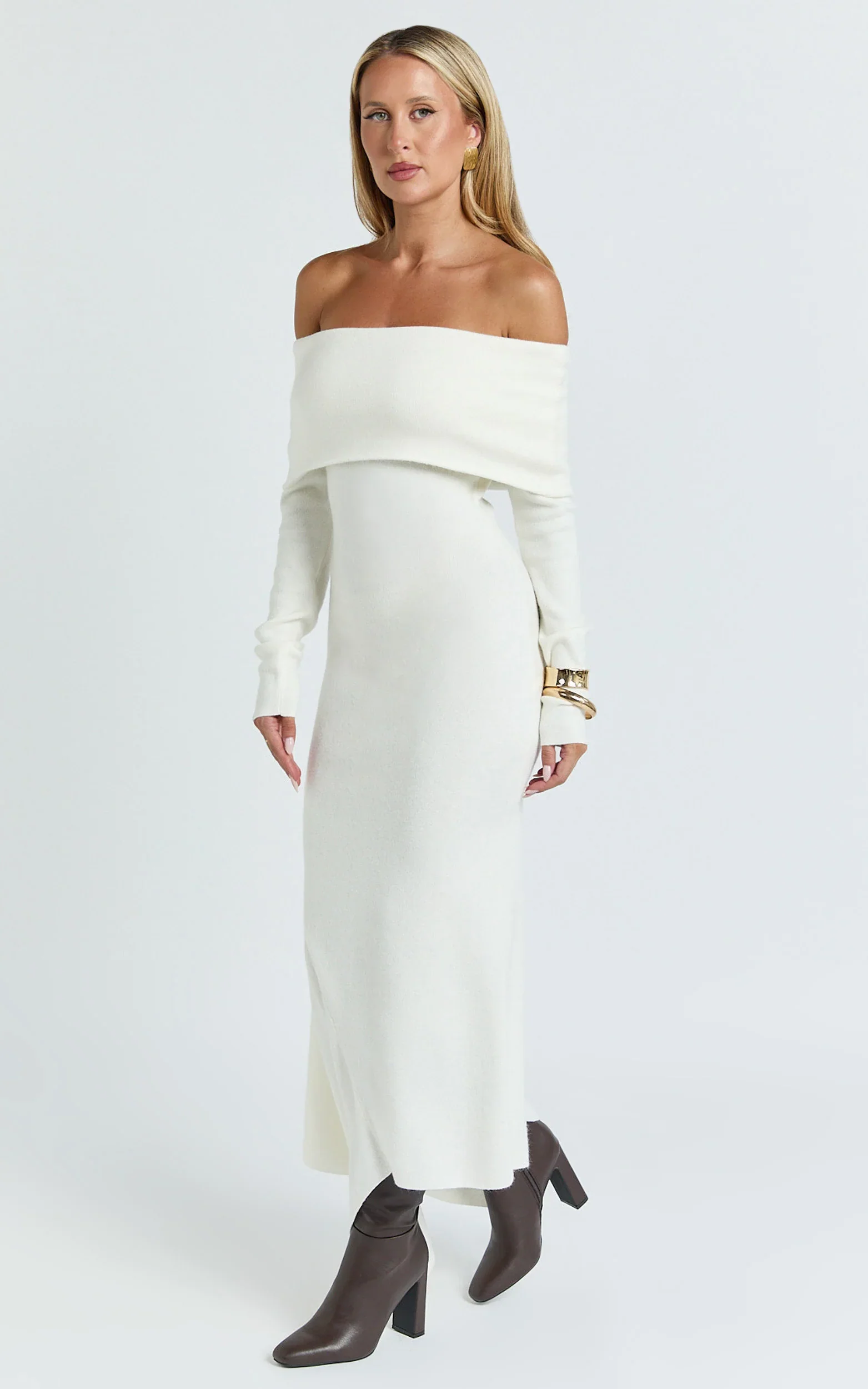 Karina Midi Dress - Long Sleeve Folded Off Shoulder Asymmetric Dress in Cream
