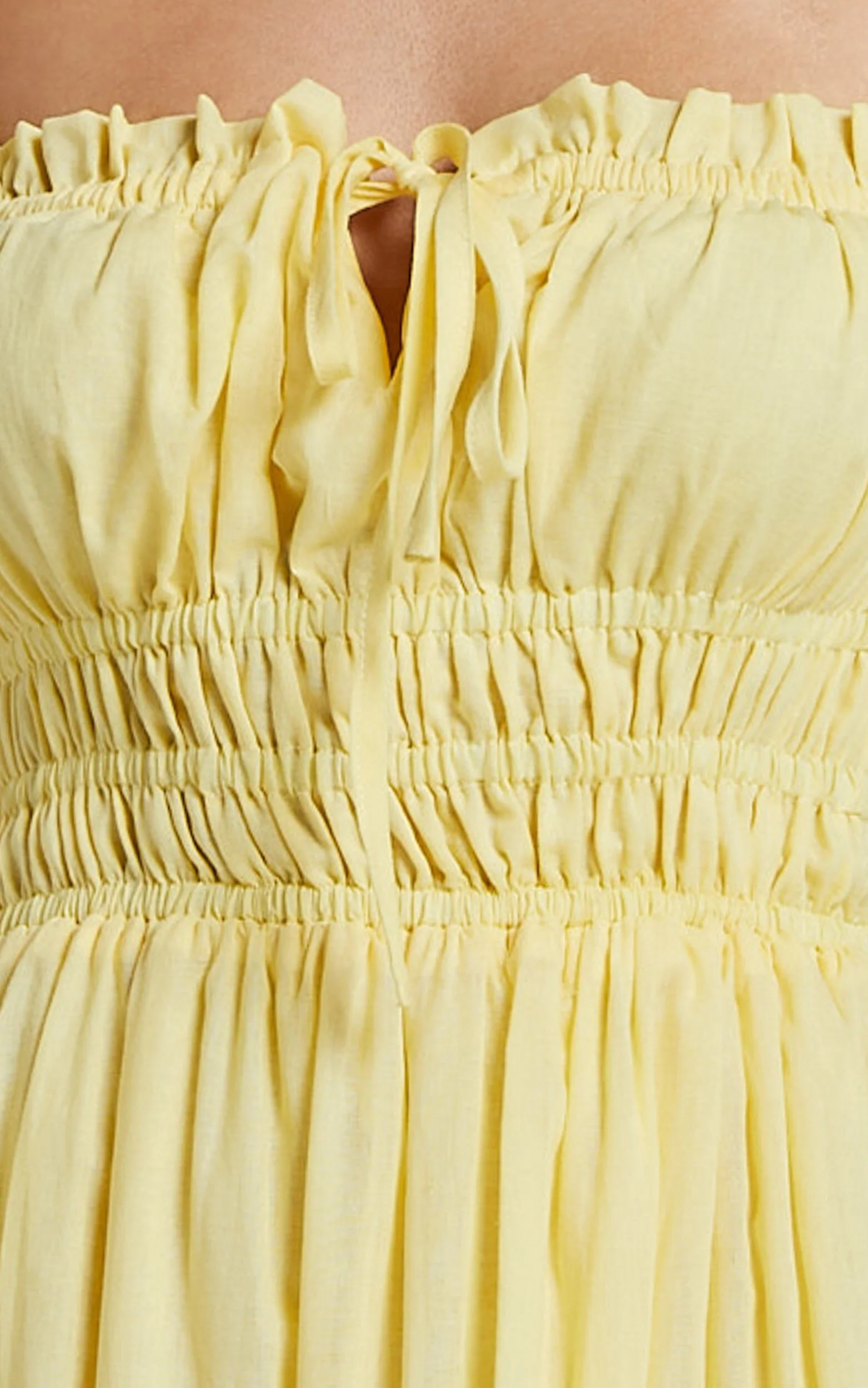 Schiffer Midi Dress - Strappy Ruched Tie Front Tiered Dress in Yellow