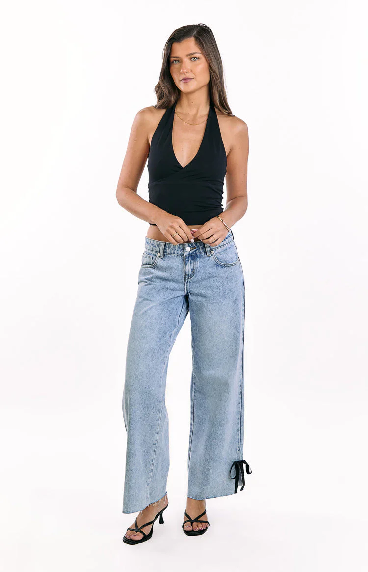 Willabelle Light Wash Denim Bow Hem Low Rise Jeans