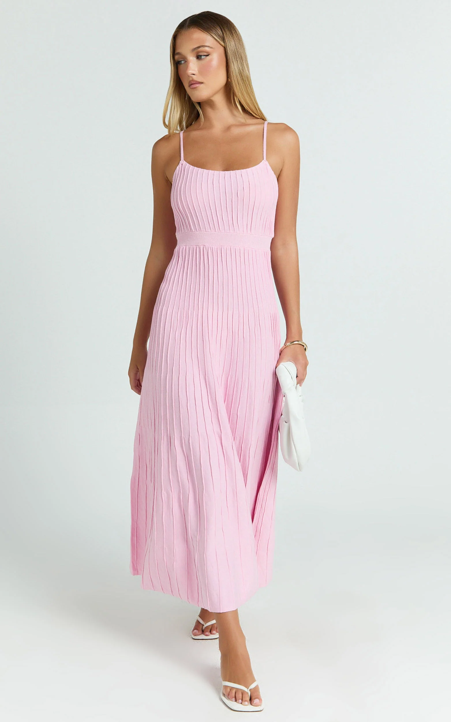 Donissa Midi Dress - Panelled Knit Dress in Pale Pink