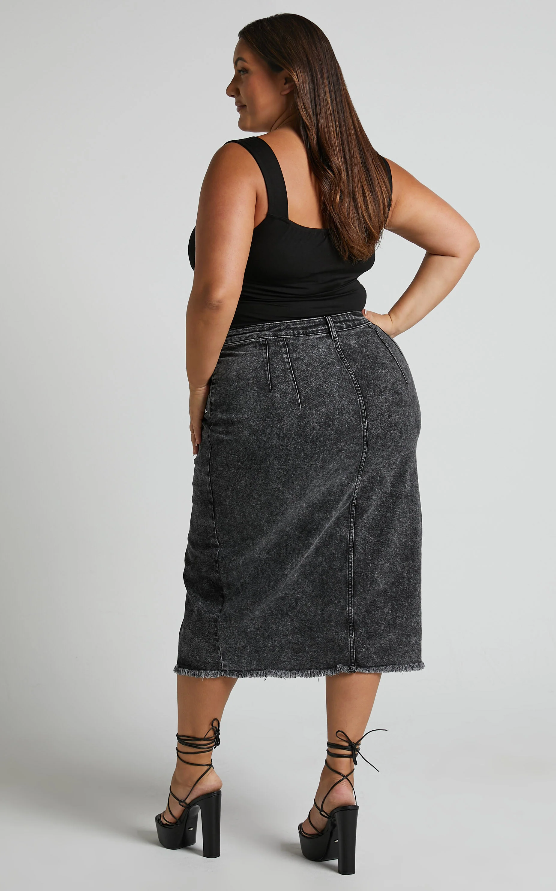 Janeve Midi Skirt - Front Split Denim Skirt in Black Acid Wash