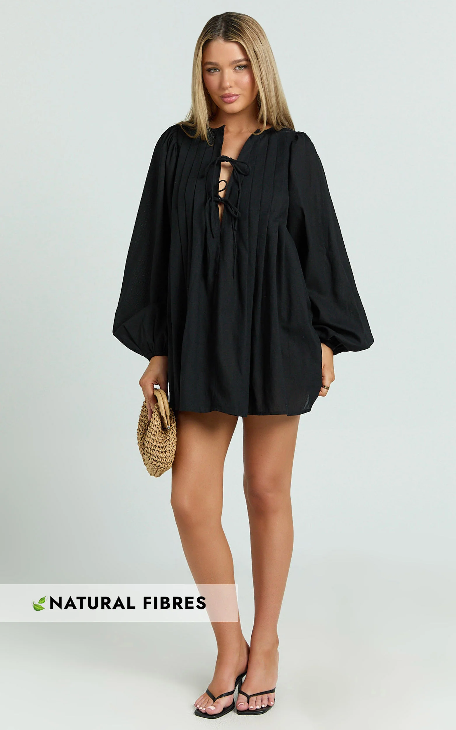 Suzette Mini Dress - High Neck Tie Front Long Sleeve Pleat Front Babydoll Dress in Black