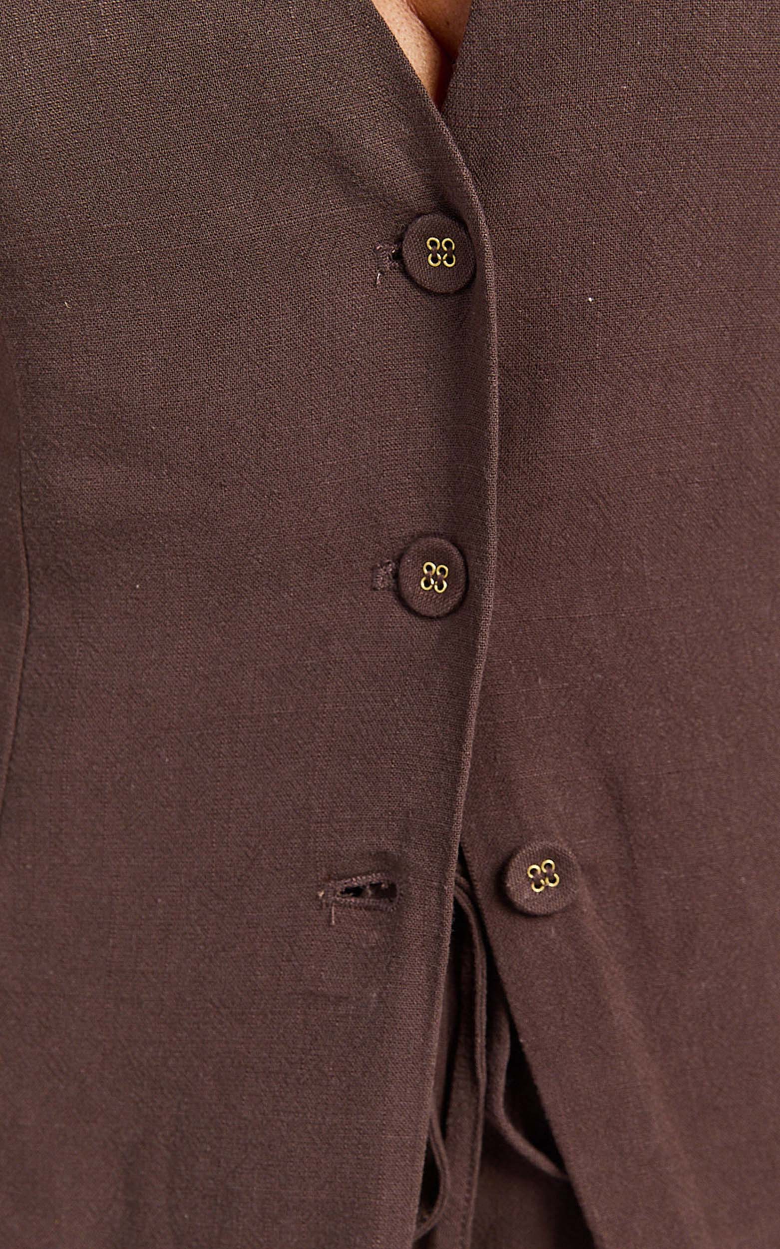 Olivia Top - Longline Linen V Neck Back Tie Vest Top in Chocolate