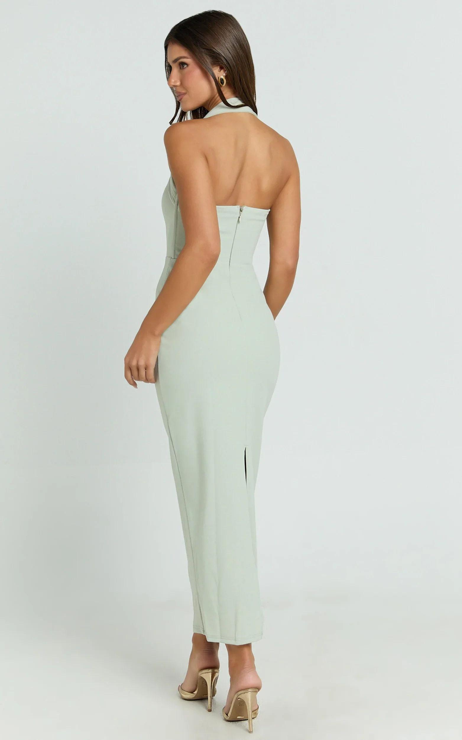 Salome Midi Dress - Halter Neck Column Dress in Sage