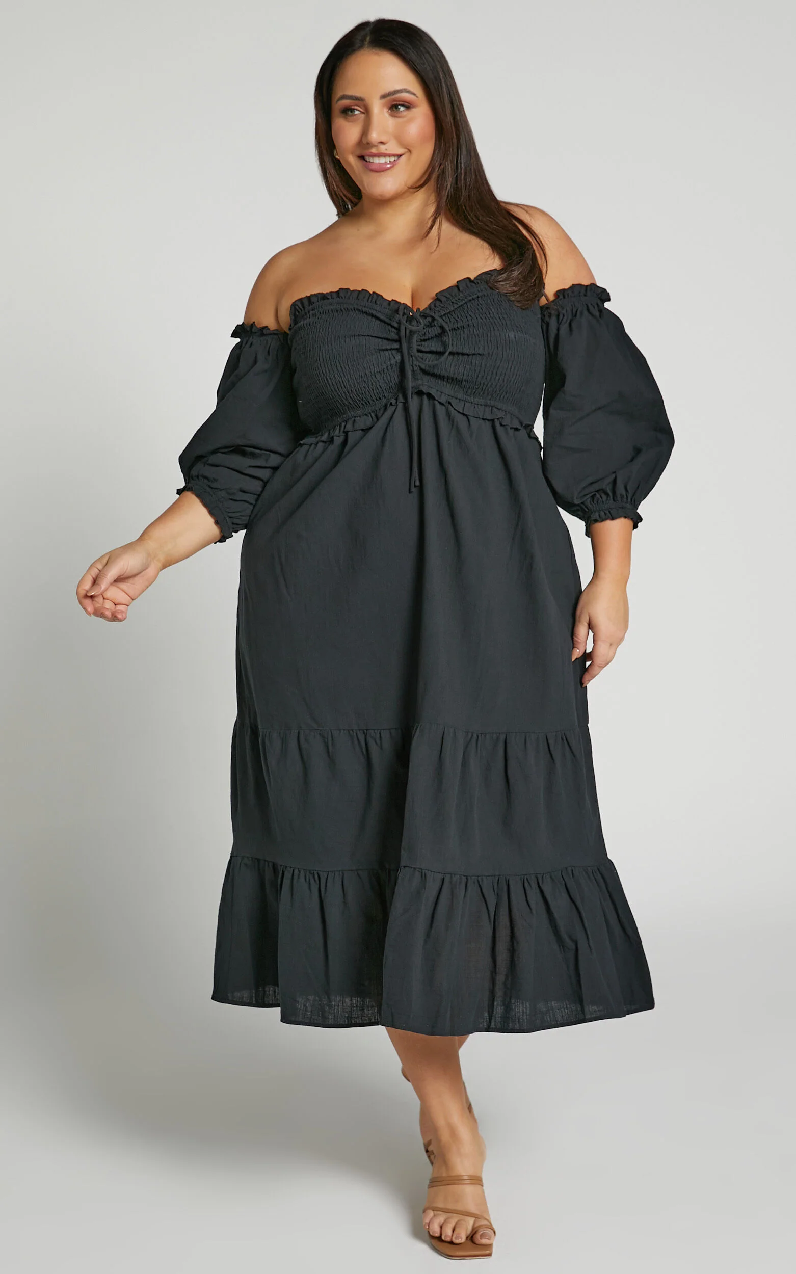 Nikka Midi Linen Dress - Shirred Off Shoulder Puff Sleeve Dress in Black
