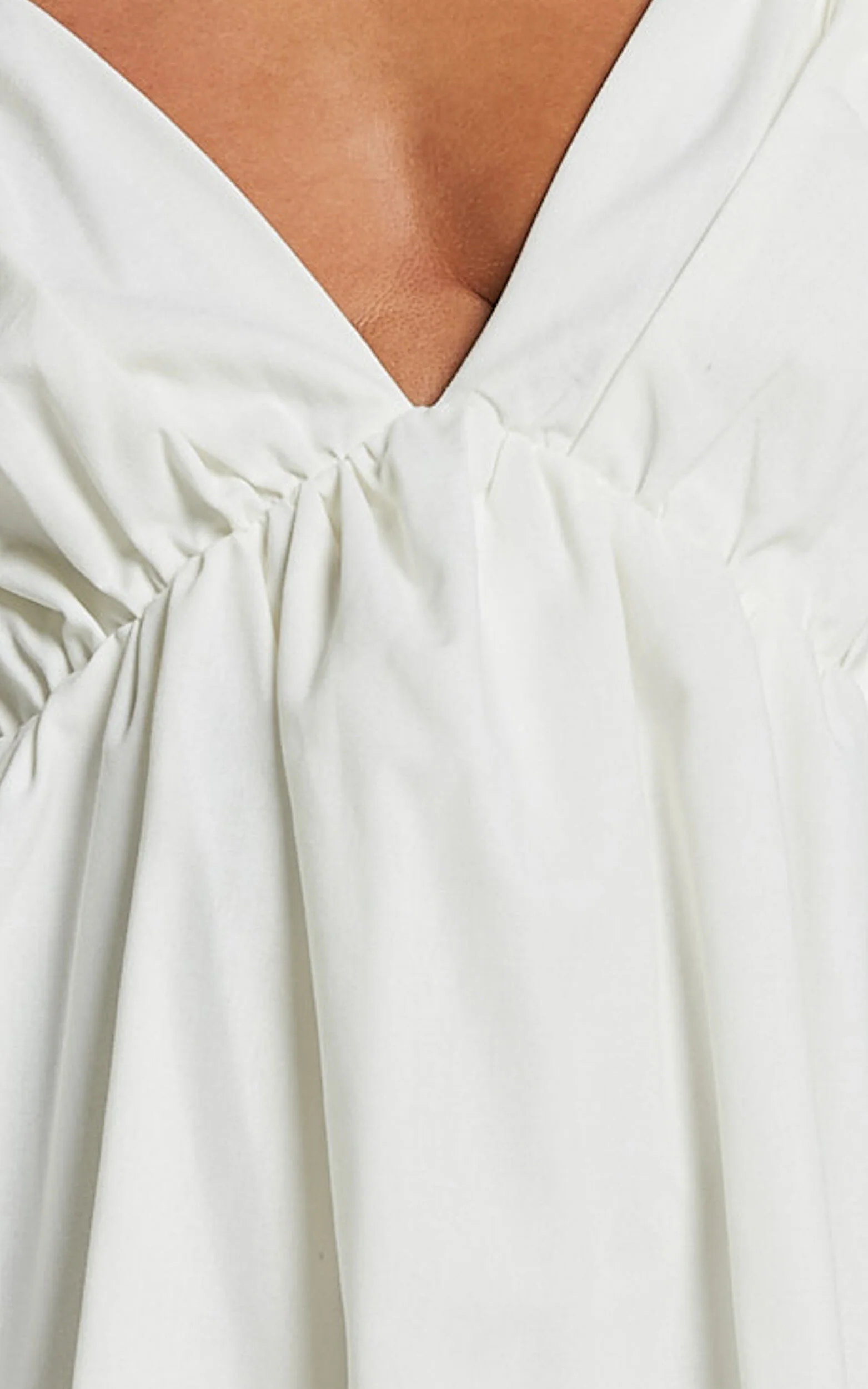 Raiza Mini Dress - Ruffle Sleeve Tie Back Plunge Dress in Off White