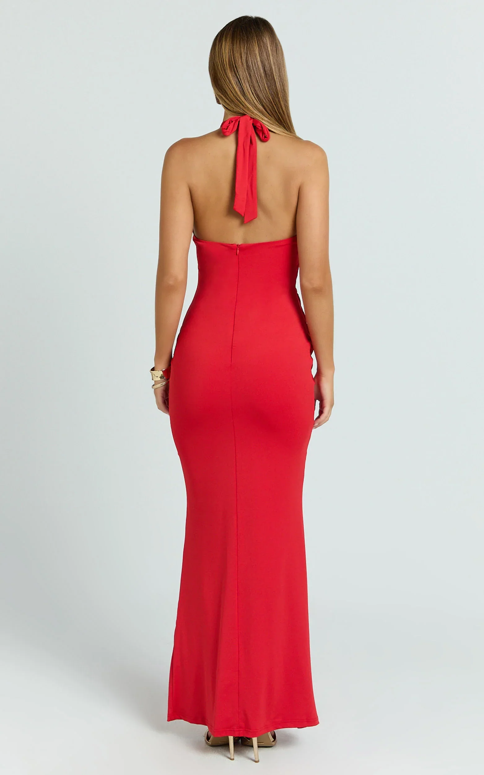 Heath Maxi Dress - Scoop Halter Neck With Drape Front Skirt Back Split Dress in Red