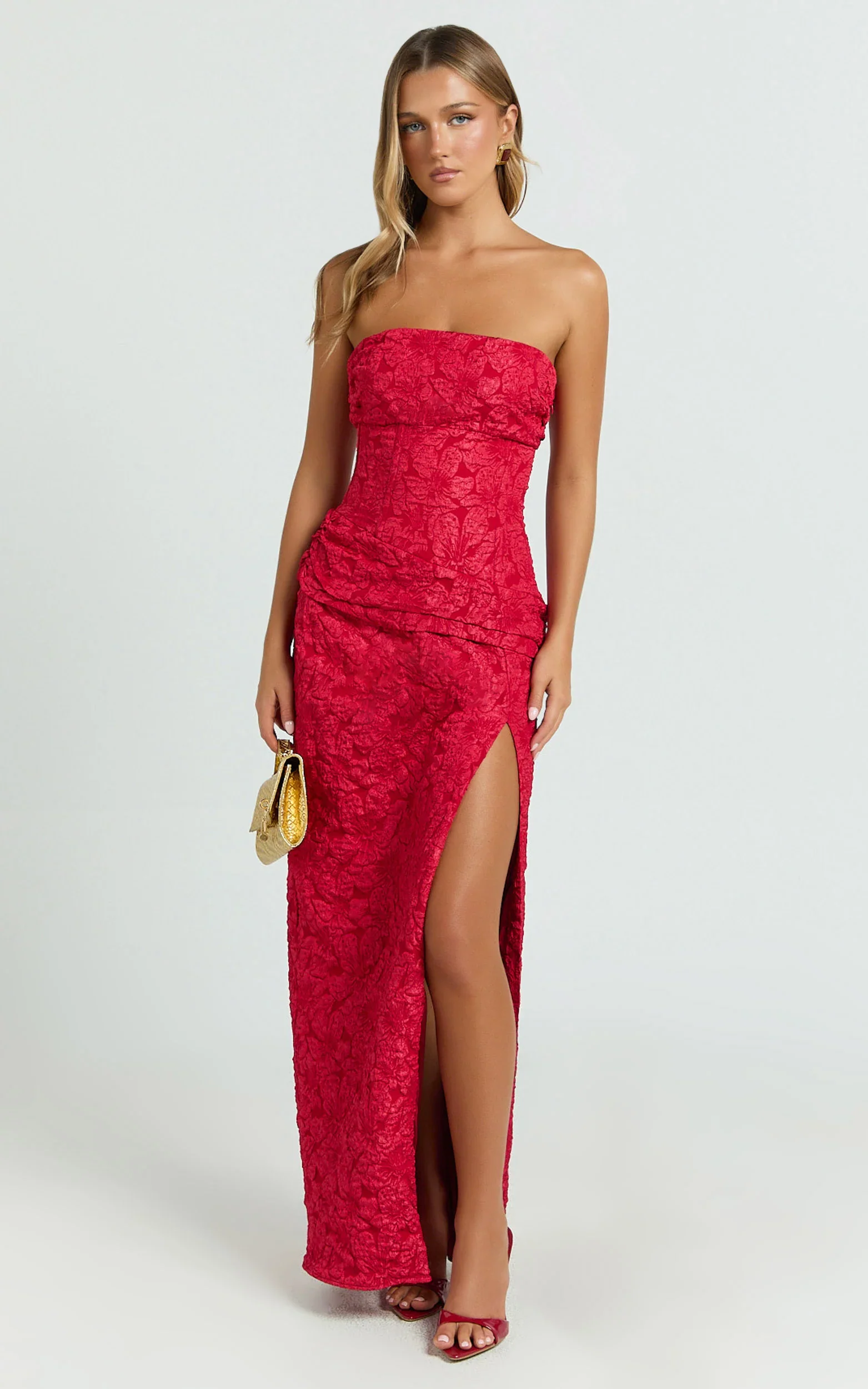 Berri Maxi Dress - Strapless Jacquard High Split Dress in Red