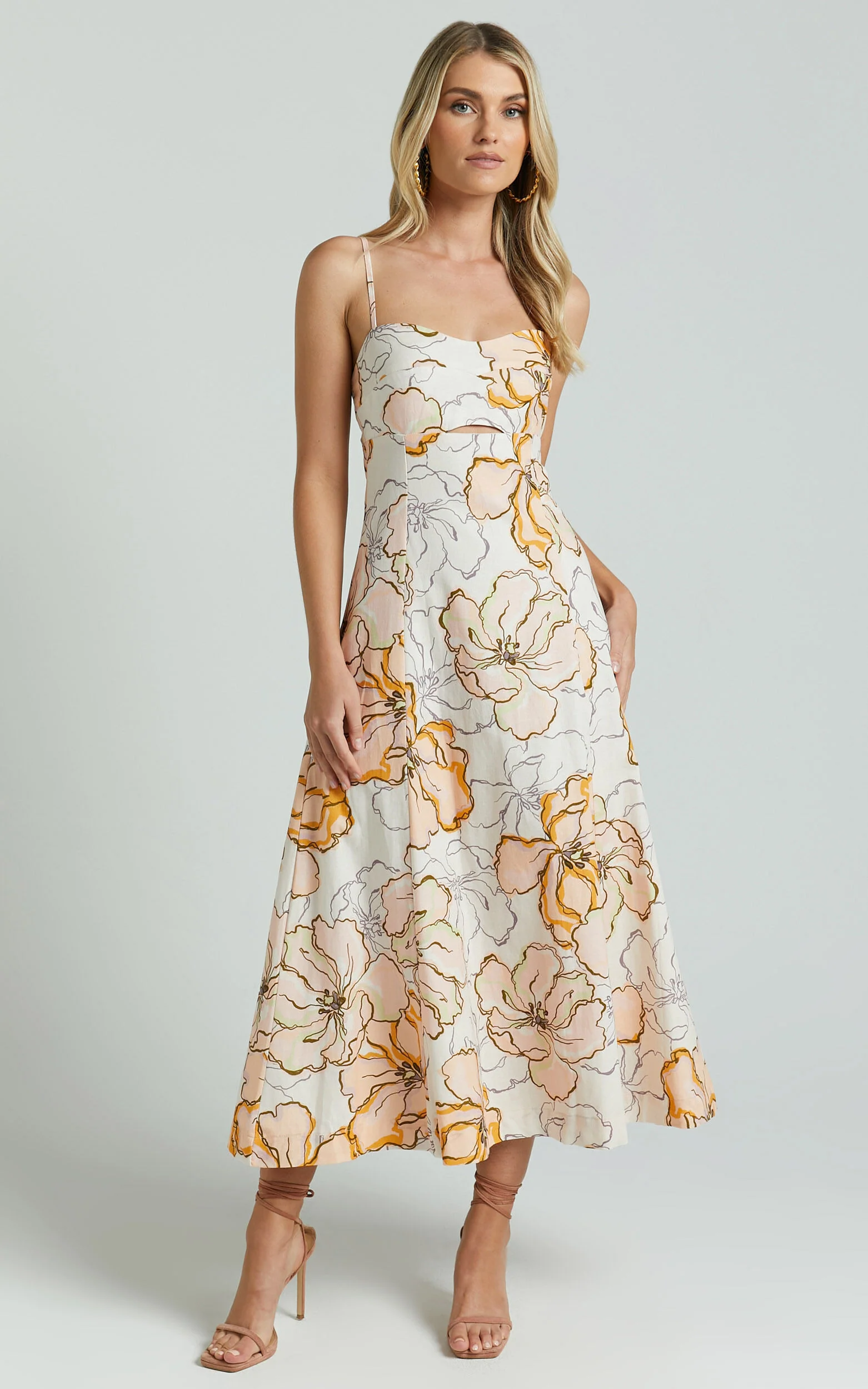 Amalie The Label - Carietta Linen Blend Strappy Sweetheart Cut Out A Line Midi Dress in Maison Fleur