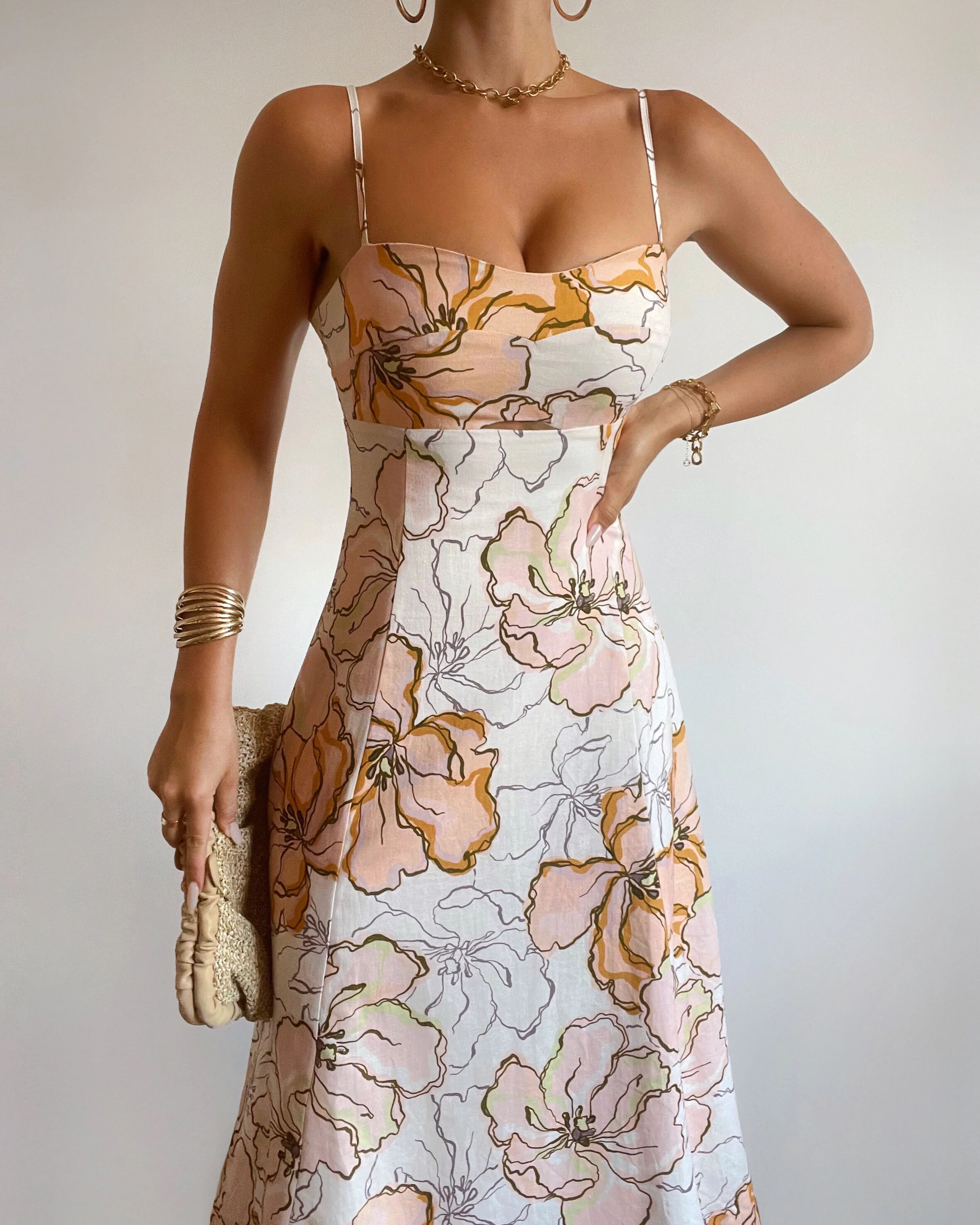 Amalie The Label - Carietta Linen Blend Strappy Sweetheart Cut Out A Line Midi Dress in Maison Fleur