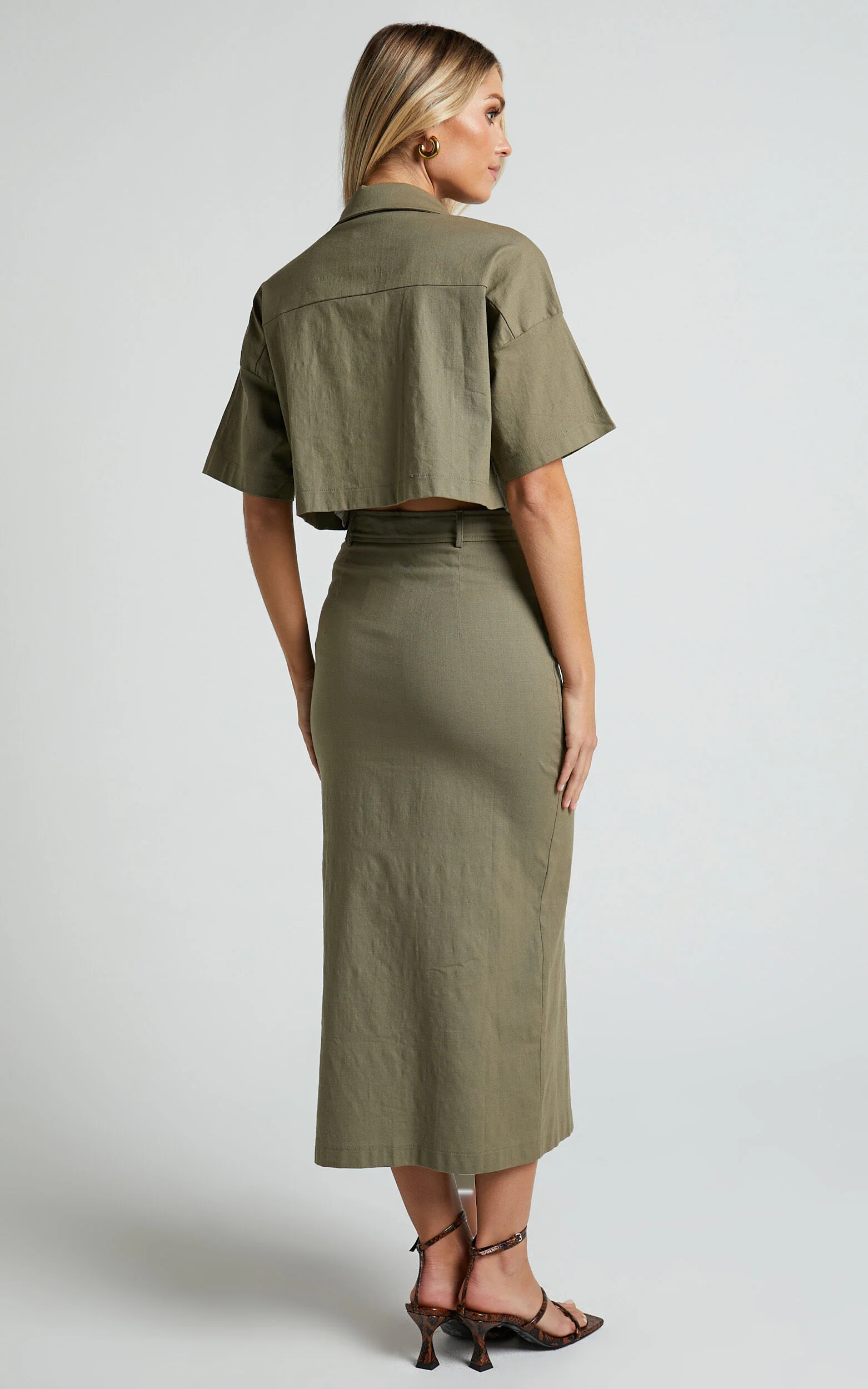 Davina Two Piece Set - Button Front Top and Midi Skirt Set in Khaki