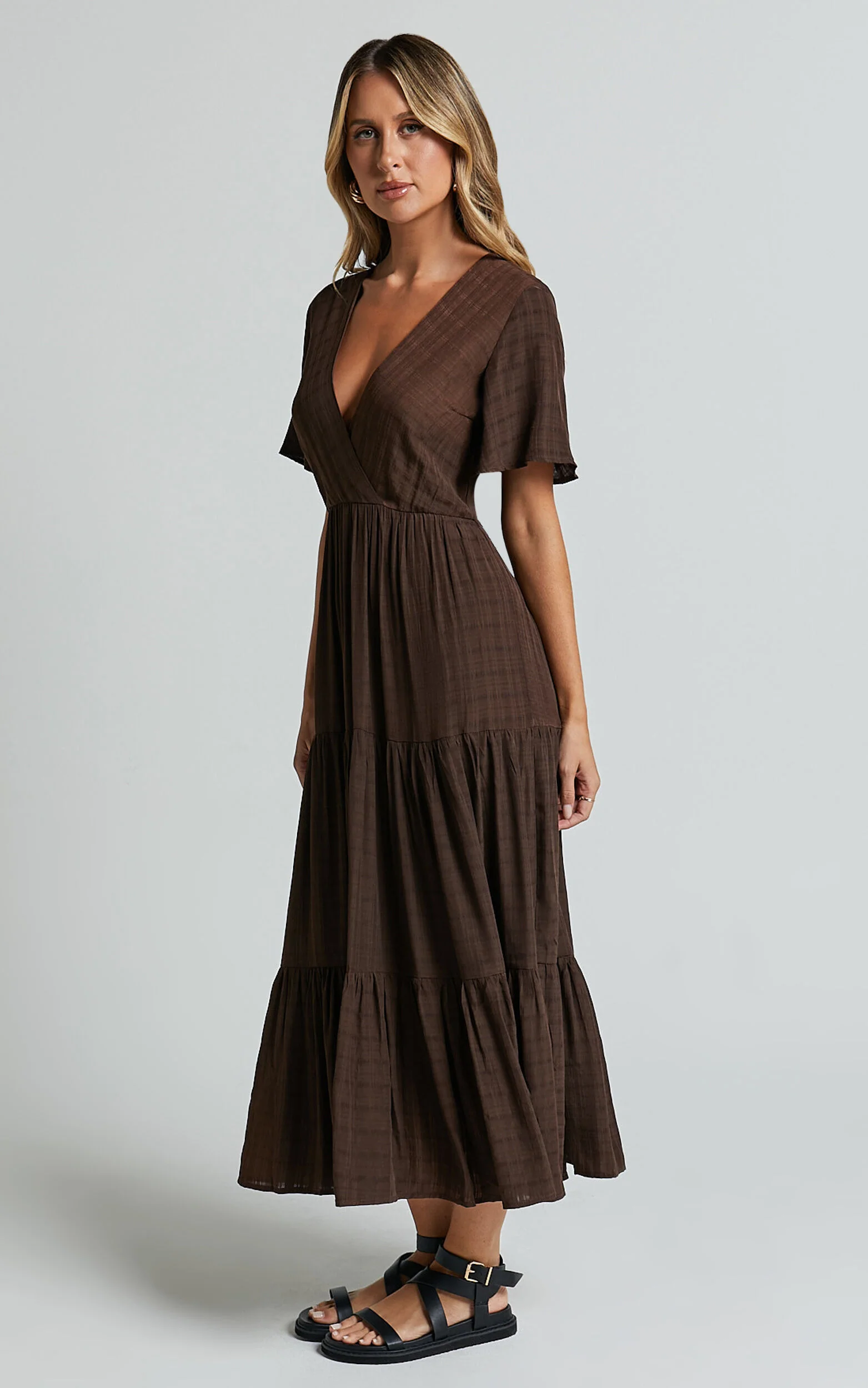 Cryzel Midi Dress - Flutter Sleeve Tiered Dress in Chocolate