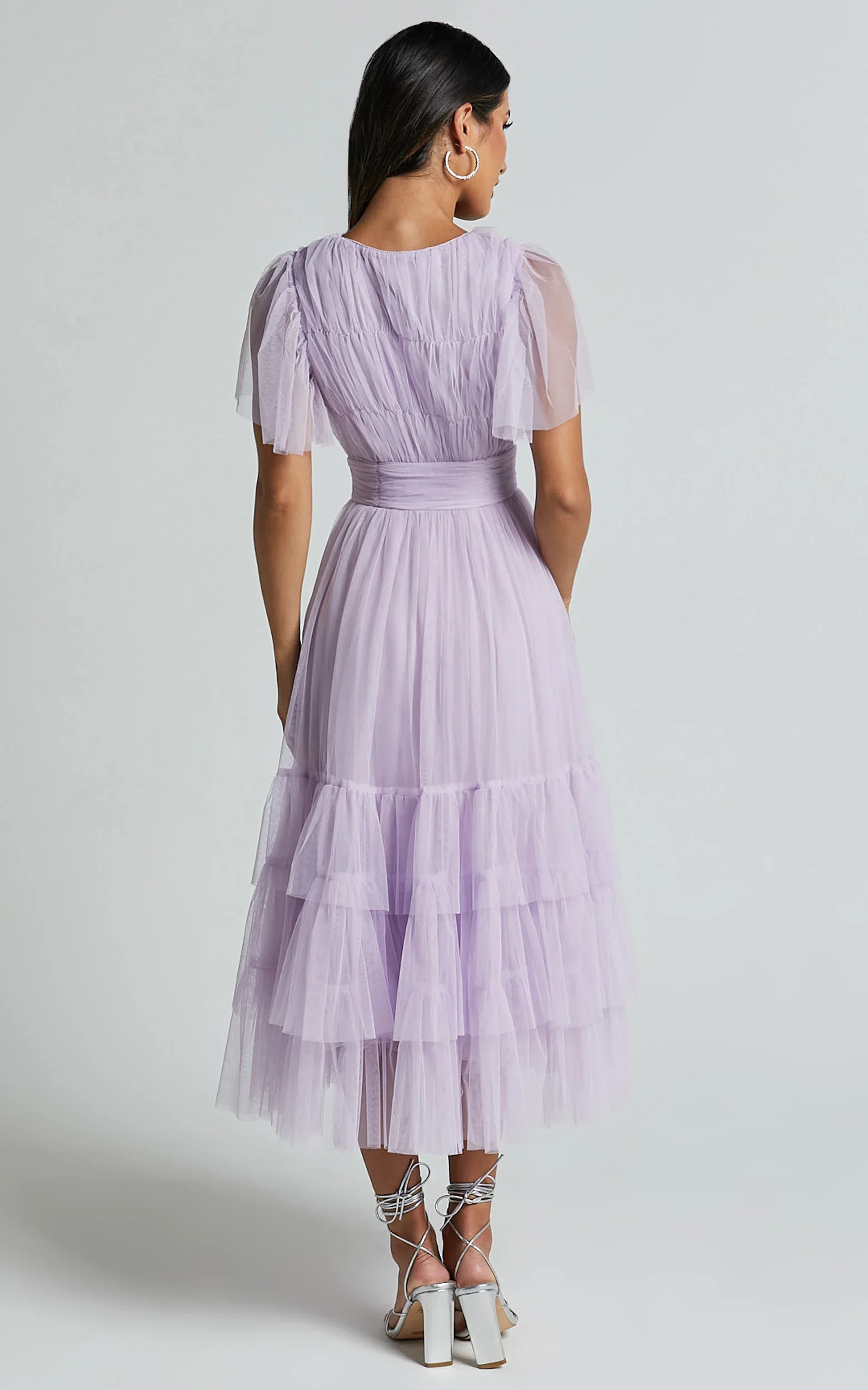 Jiraye Midi Dress - Flutter Sleeve Tuelle Plunge Dress in Lilac