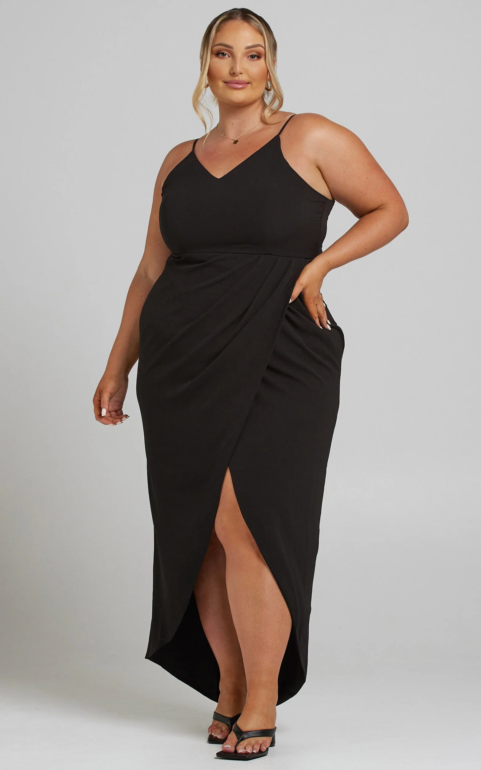 Lucky Day Midi Dress - V Neck Drape Dress in Black