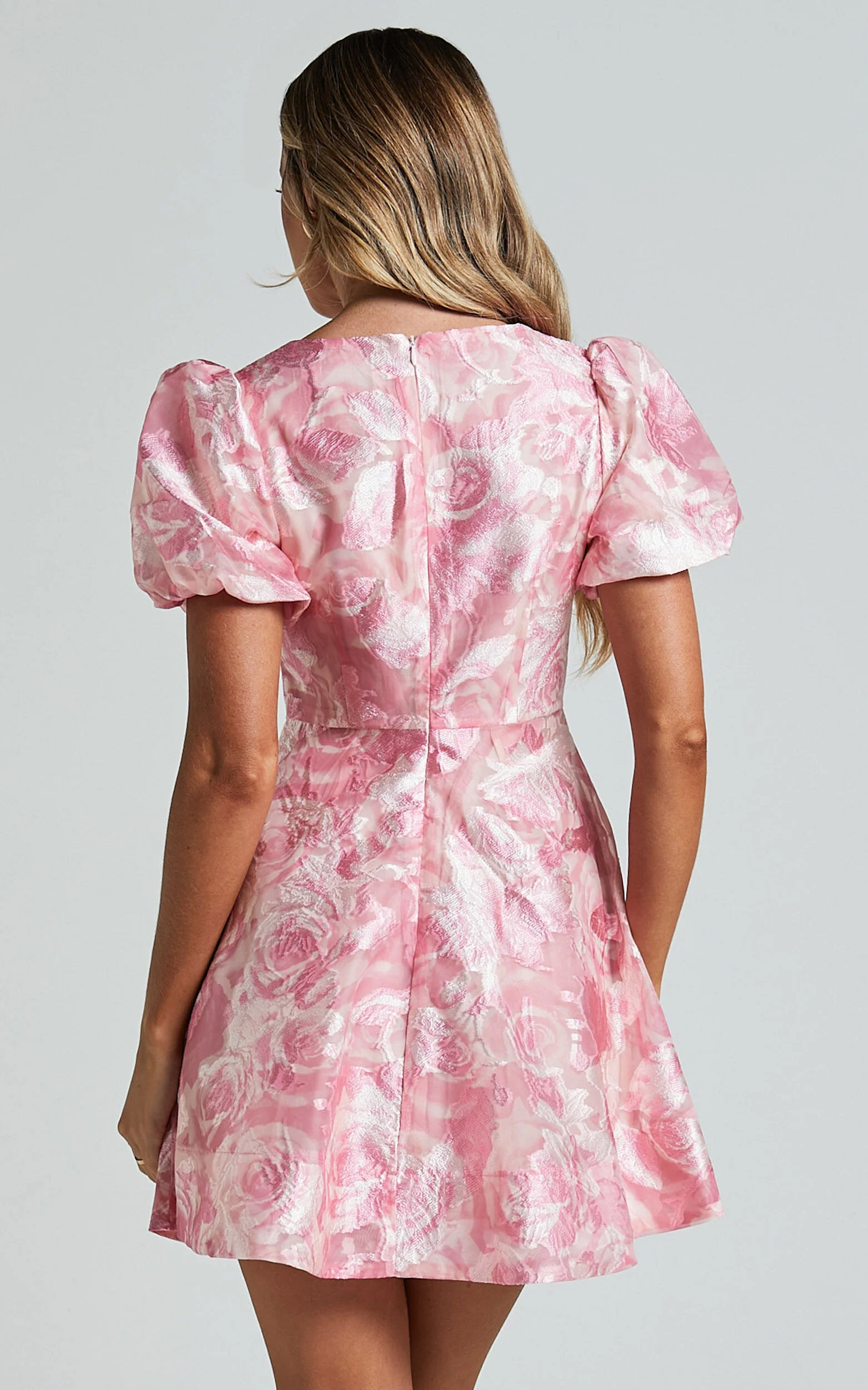 Lettie Mini Dress - Puff Sleeve Circle Hem Dress in Blurred Rose