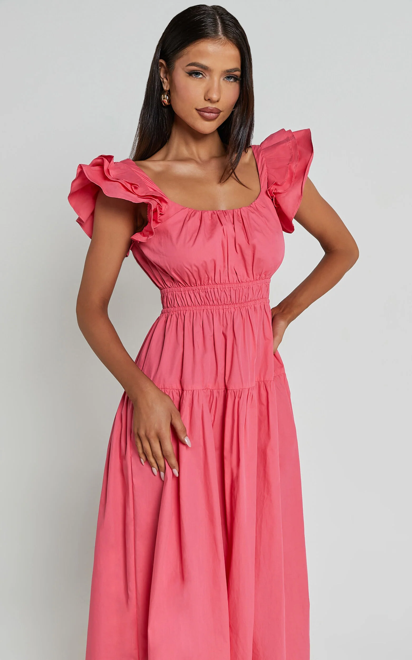 Arlene Midi Dress - Square Neck Shoulder Frill Tiered Dress in Berry