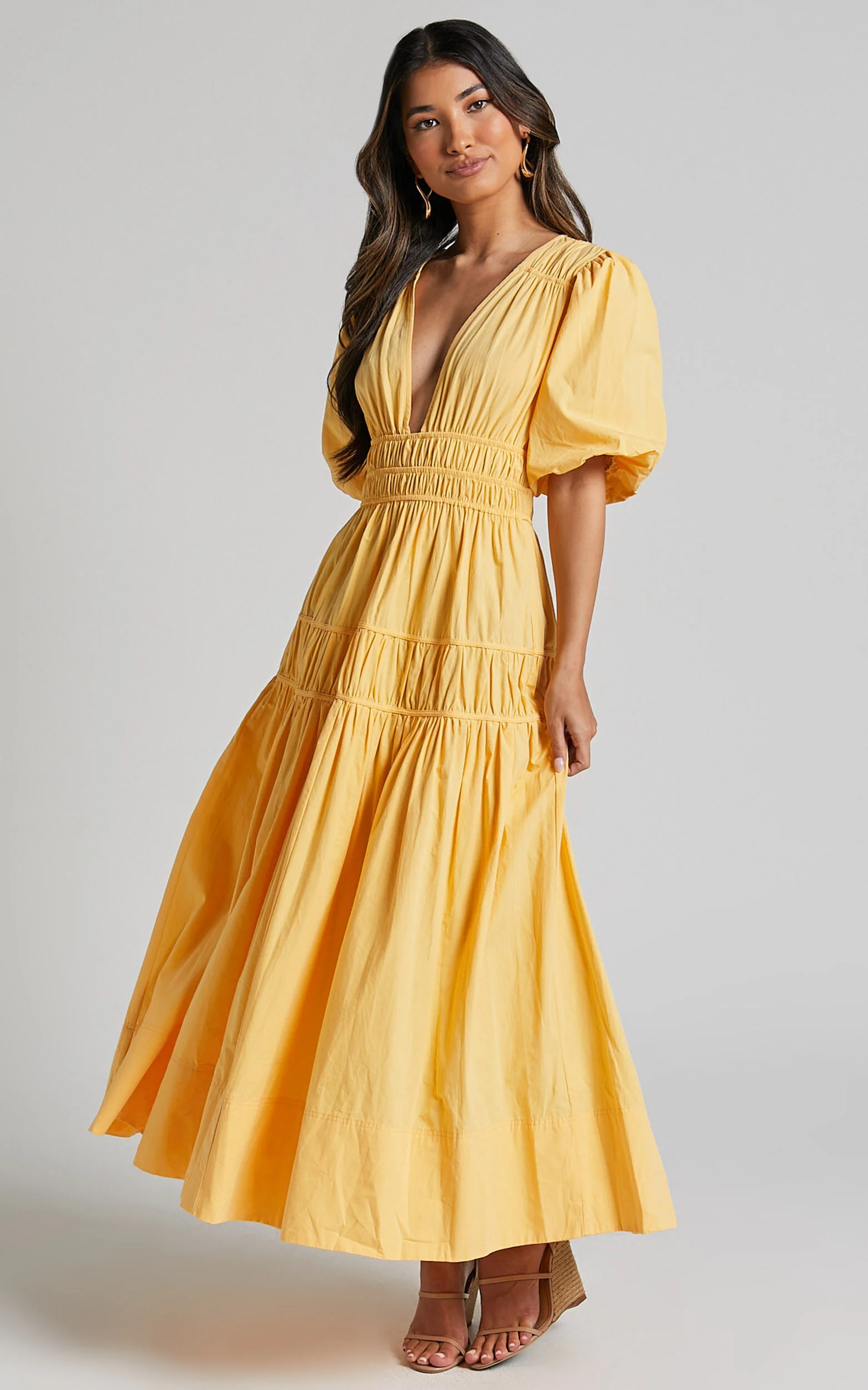 Mellie Midi Dress - Puff Sleeve Plunge Tiered Dress in Pineapple