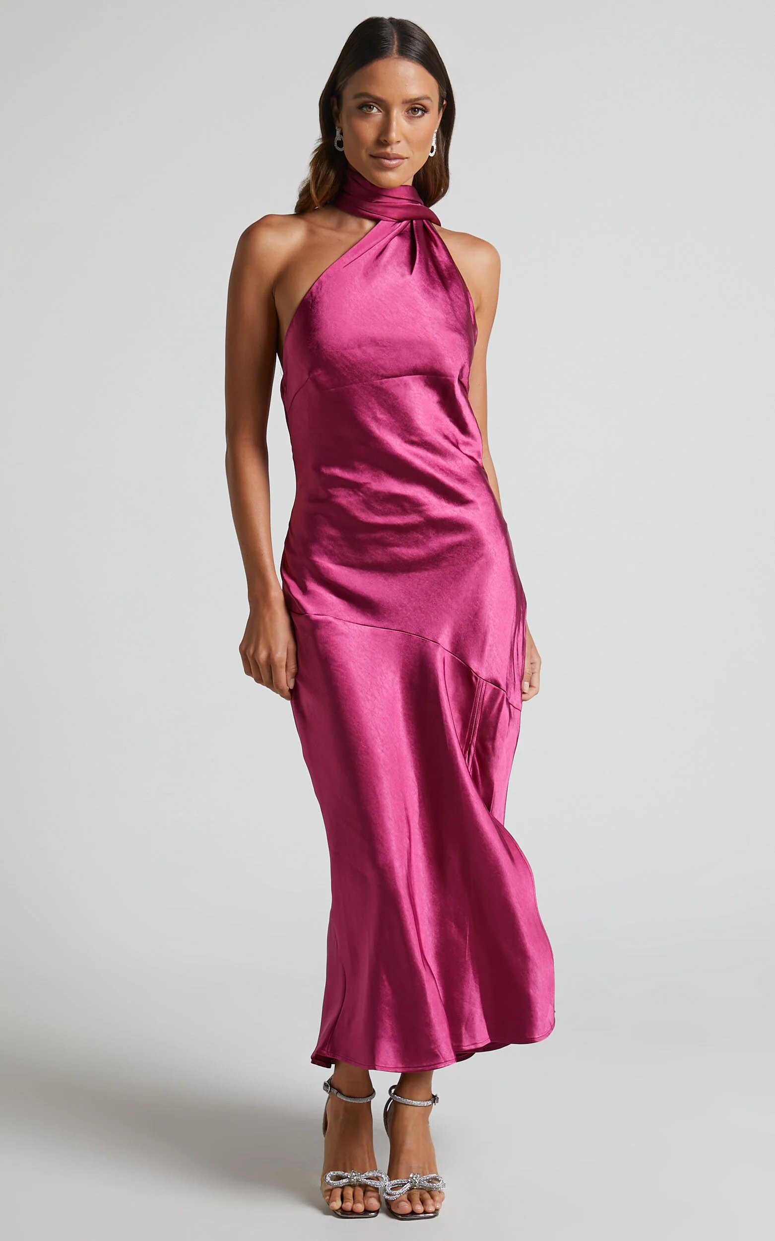 Evana Midi Dress - High Asymmetrical Neck Satin Slip Dress in FUSCHIA