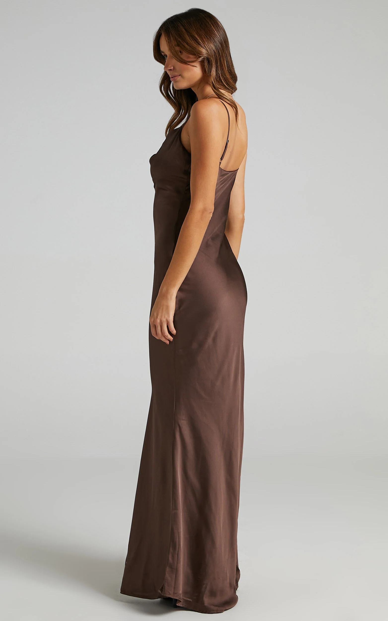 Lunaria Maxi Dress - Cowl Mermaid Slip Dress in Chocolate Satin