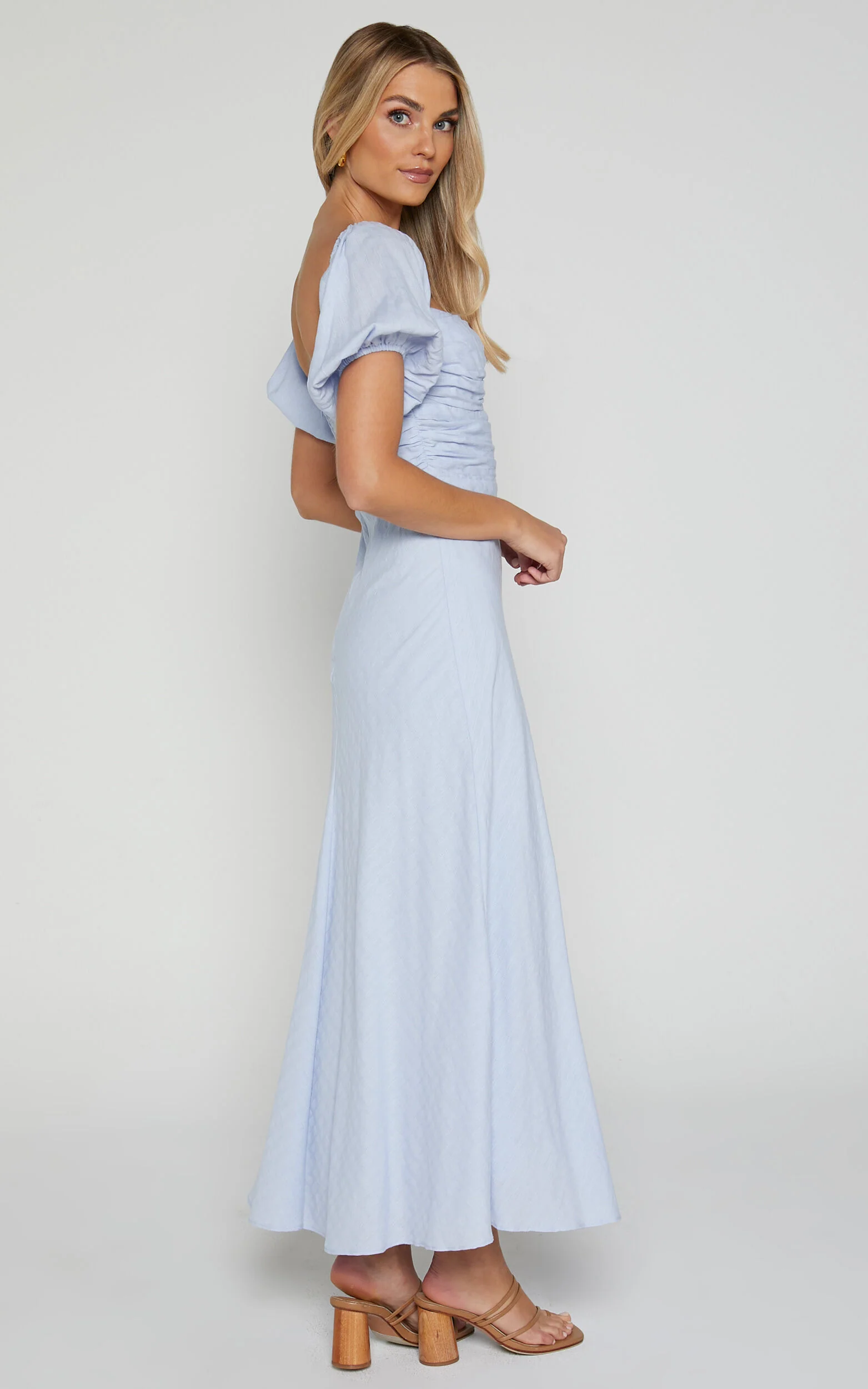 Vynna Midi Dress - Scoop Neck Puff Sleeve Ruched Bust A Line Dress in Blue