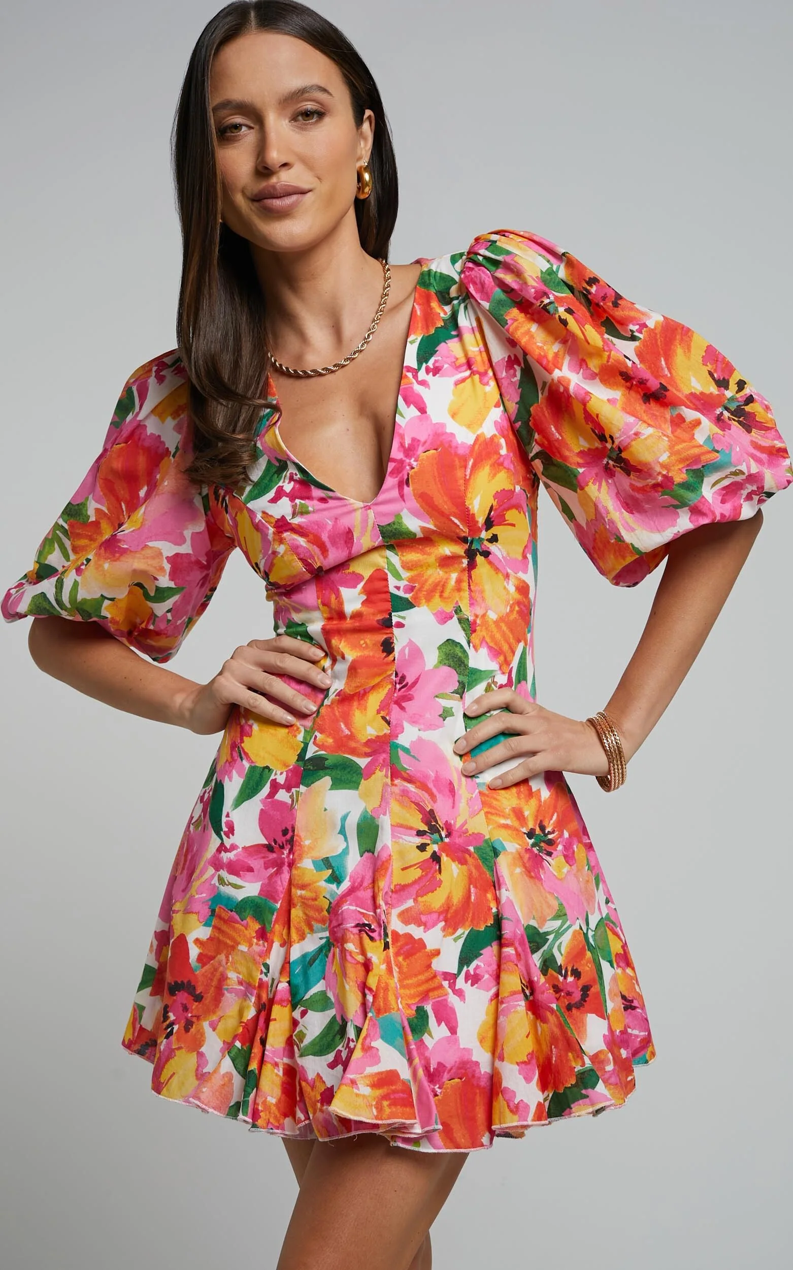 Shairah Mini Dress - V Neck Puff Sleeve Flutter Hem Dress in In Bloom