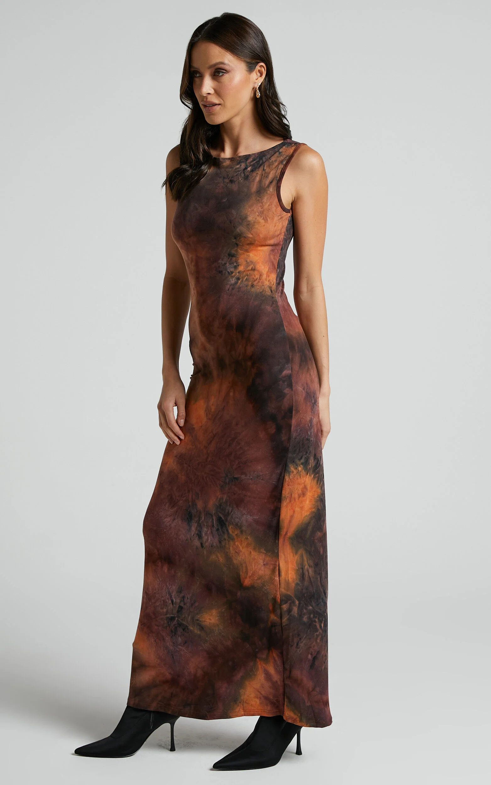 Amayra Midi Dress - High Neck Bodycon Dress in Brown Tie Dye