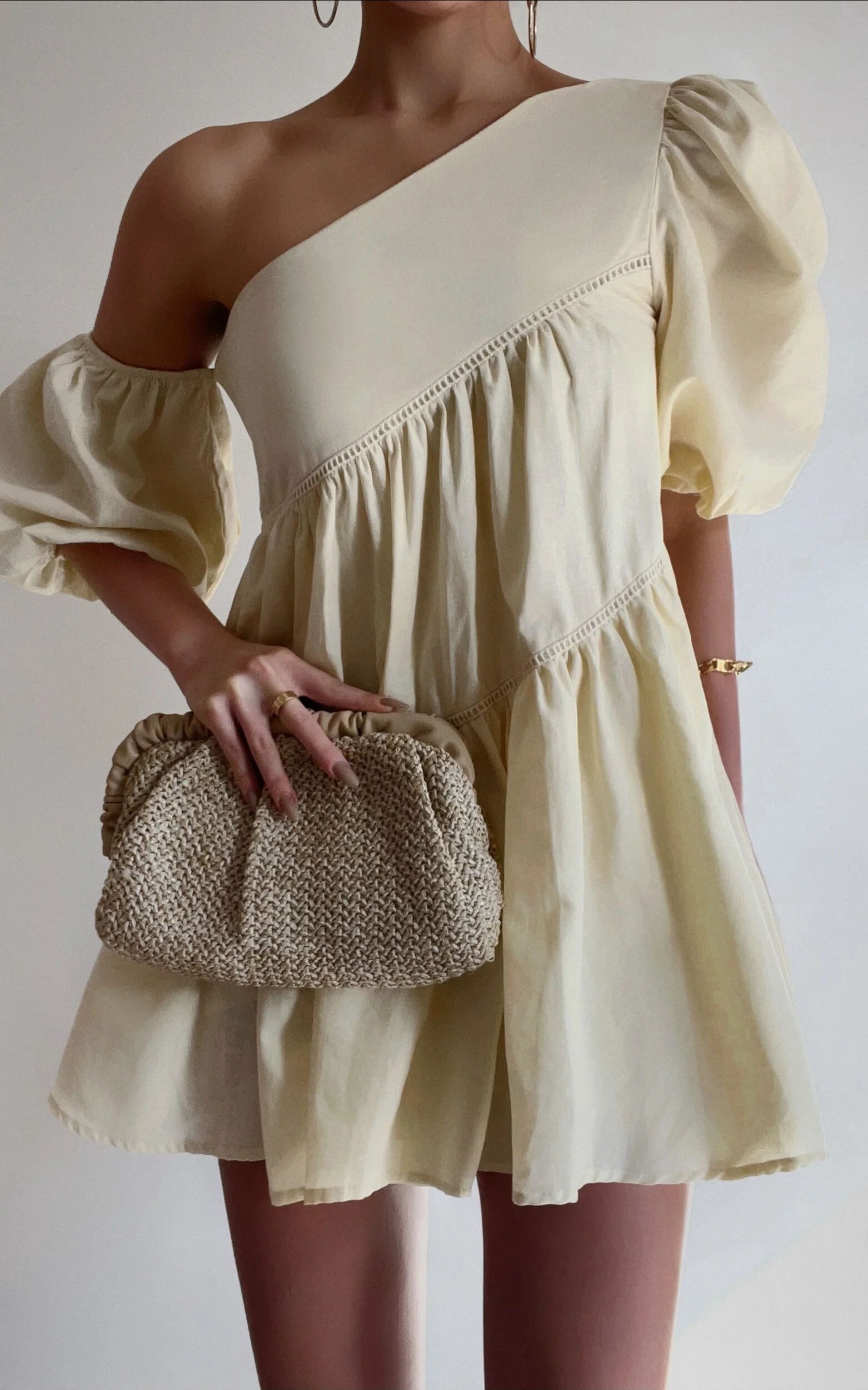 Harleen Mini Dress - Linen Asymmetrical Trim Puff Sleeve Dress in Beige