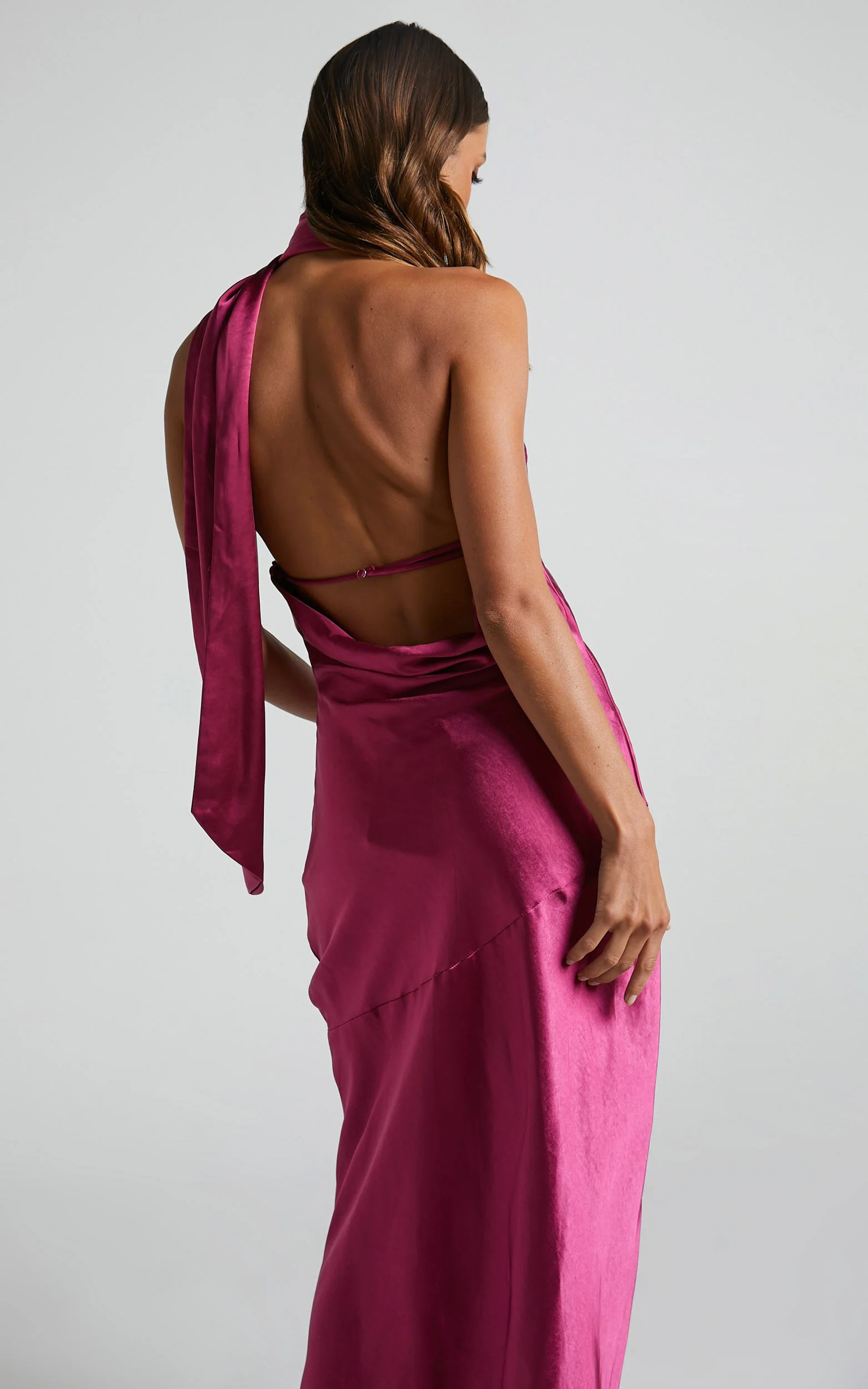 Evana Midi Dress - High Asymmetrical Neck Satin Slip Dress in FUSCHIA
