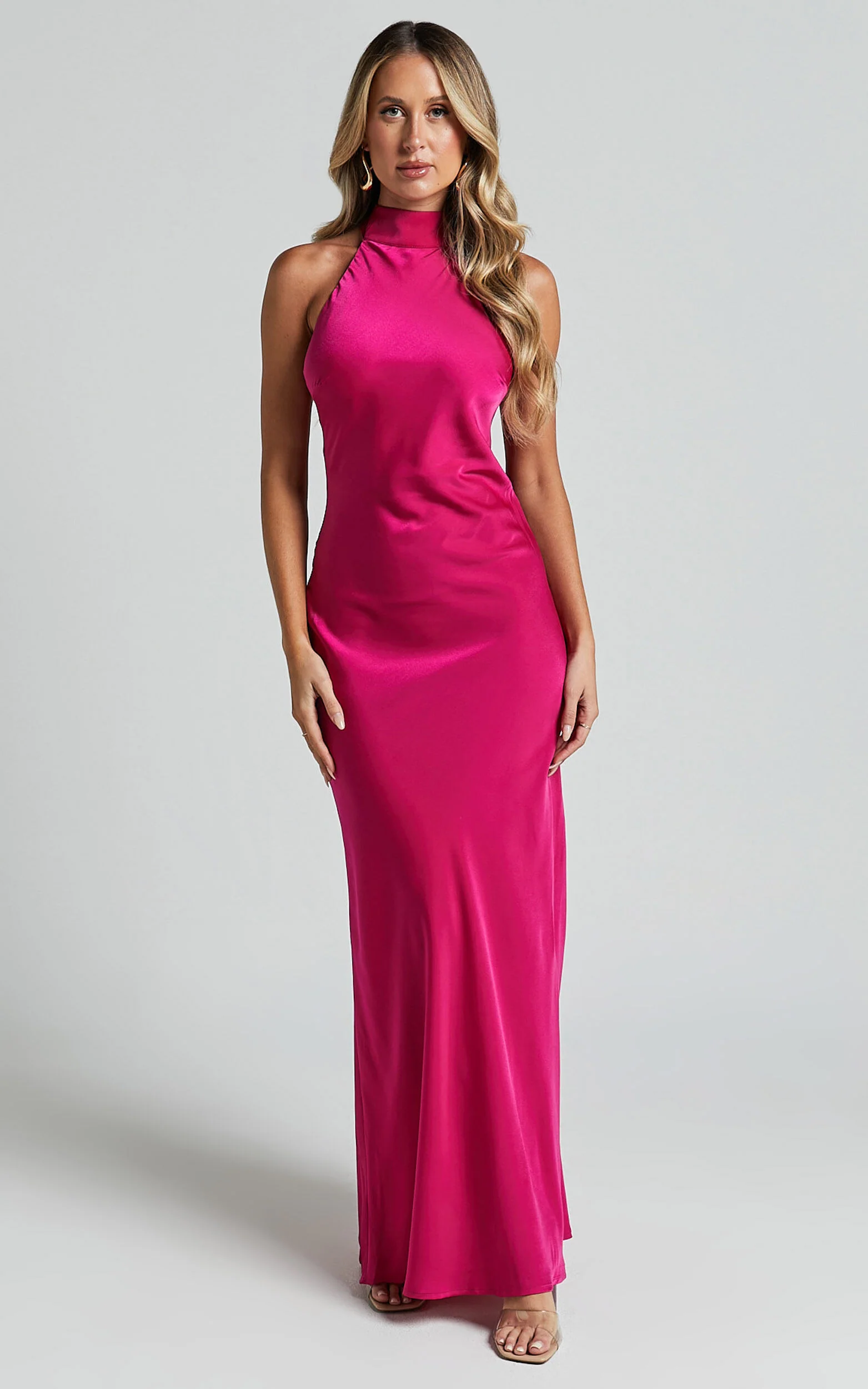 Alycia Maxi Dress - High Neck Tie Back Slip in Pink