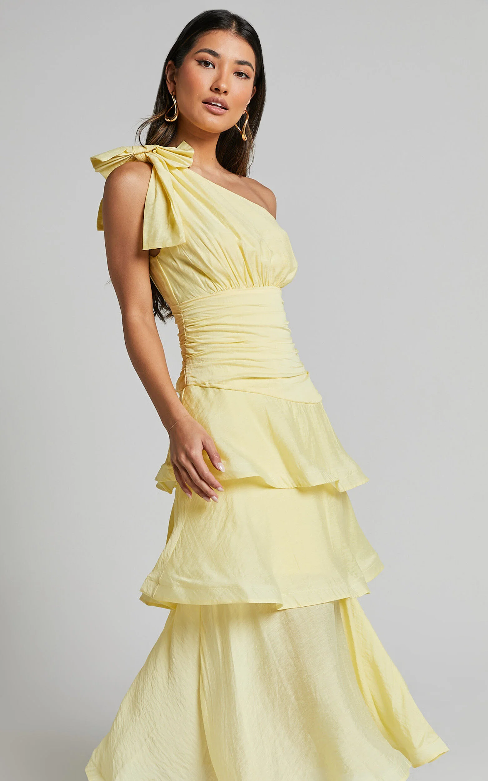 Eugenia Midi Dress - One Shoulder Fit and Flare Layered Dress in Yellow