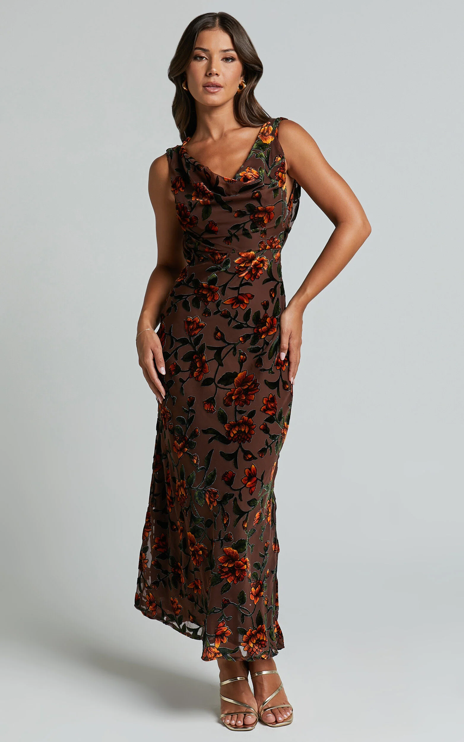 Stephania Midi Dress - Cowl Neck Low Back Burnout Slip Dress in Chocolate