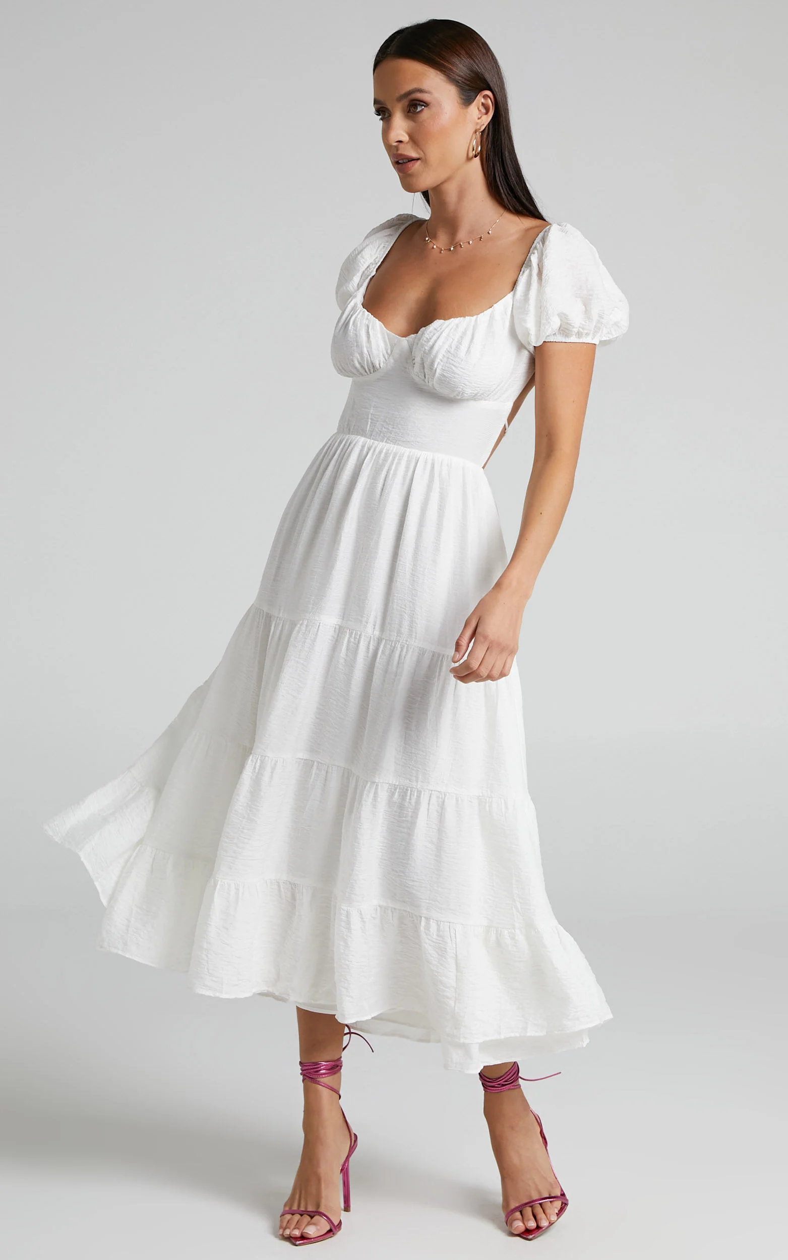 Anita Midi Dress - Puff Sleeve Tiered Dress in White