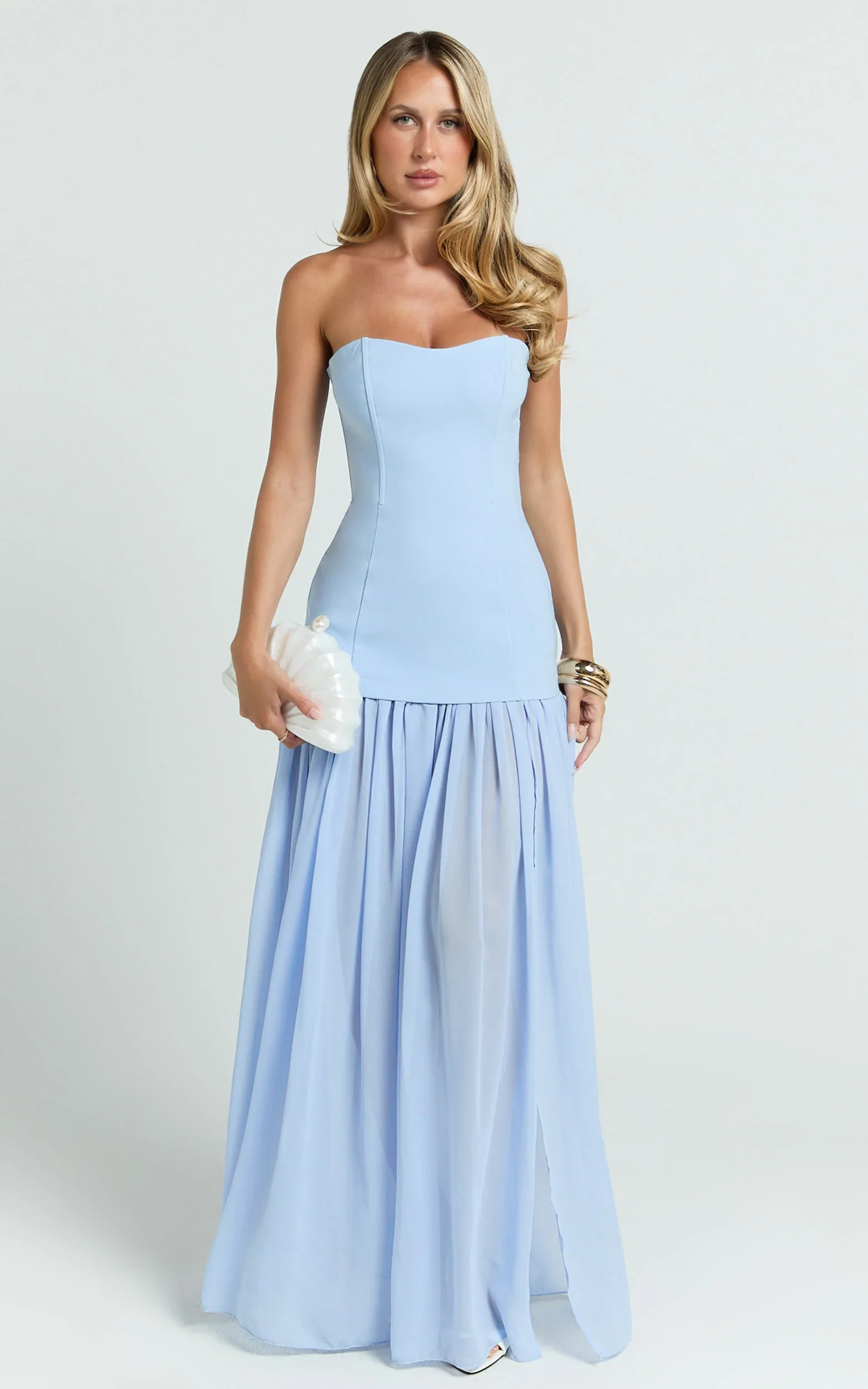Jocelyn Maxi Dress - Strapless Ruched Fit And Flare Dress in Blue