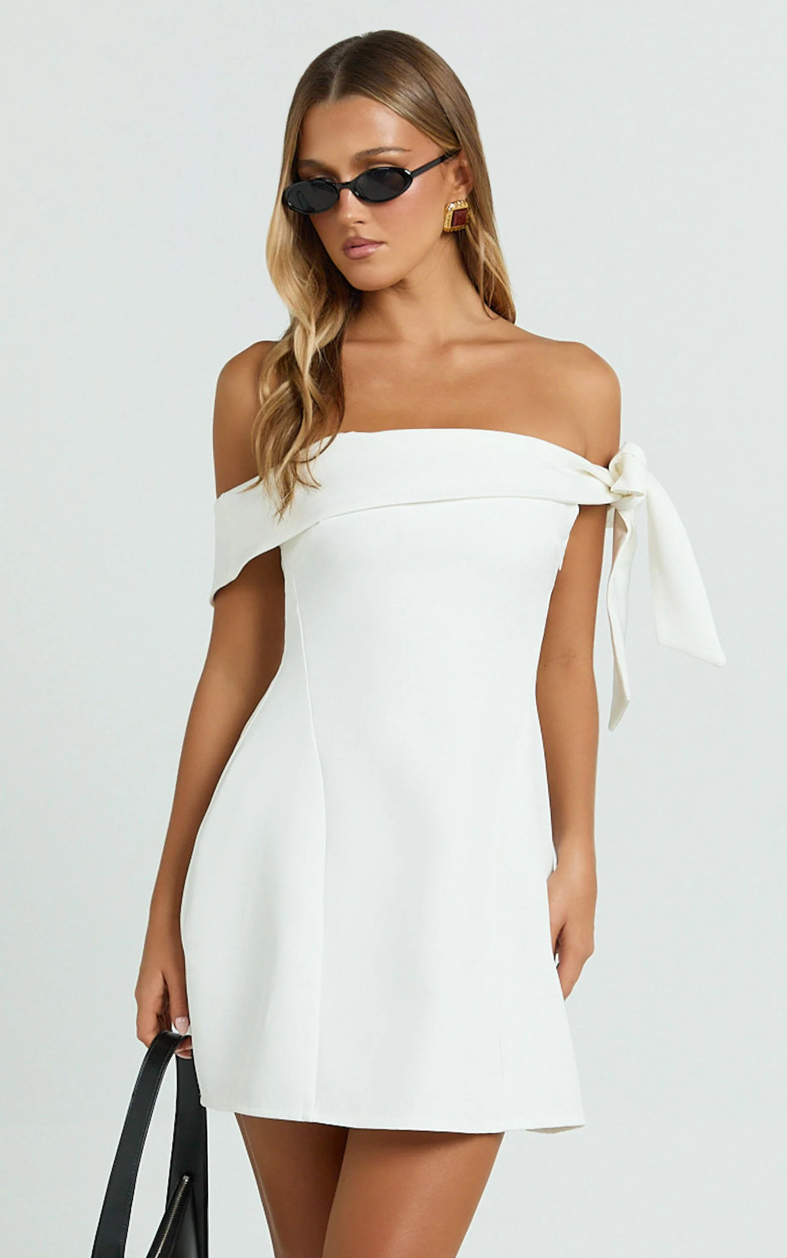 Cecilia Mini Dress - Off Shoulder Tie Detail Dress in White