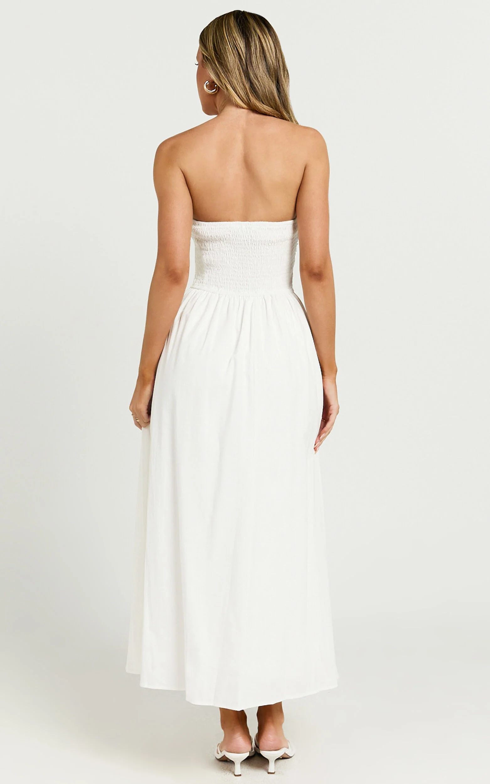 Polly Midi Dress - Strapless Ruched Dress in White