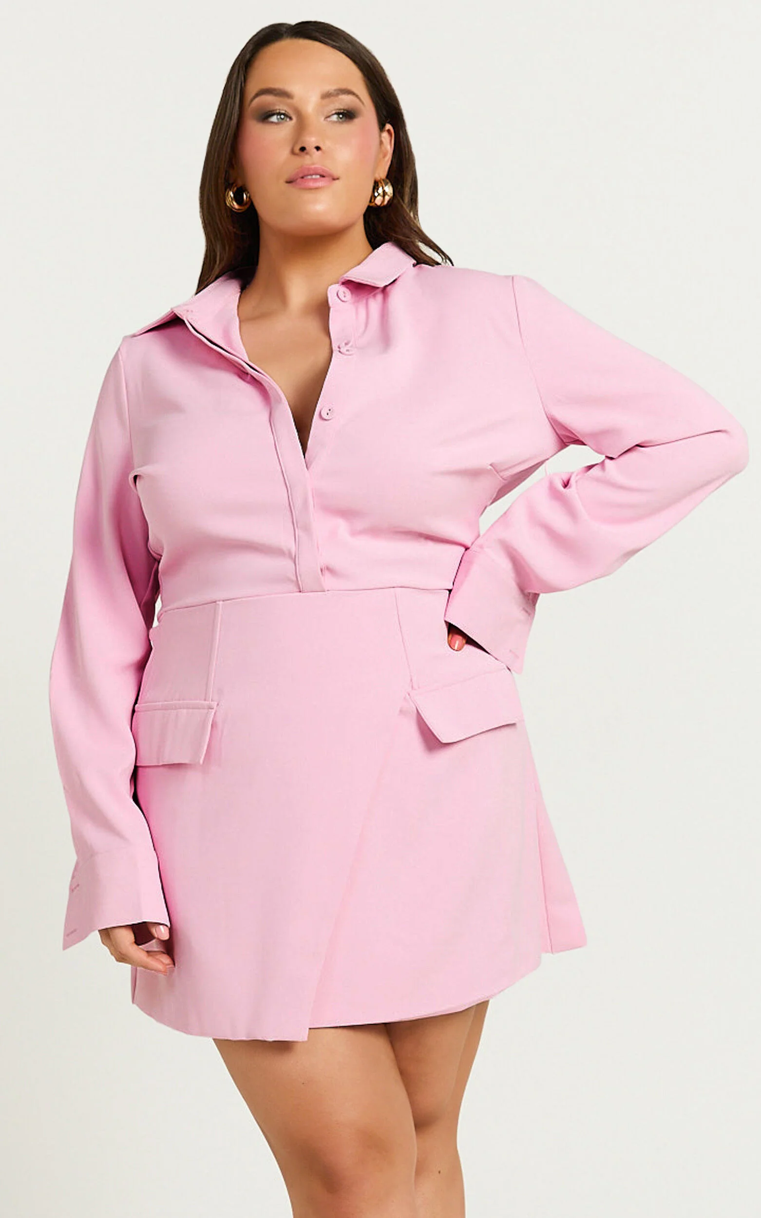 Wanda Mini Dress - Long Sleeve Faux Wrap Dress in Pink
