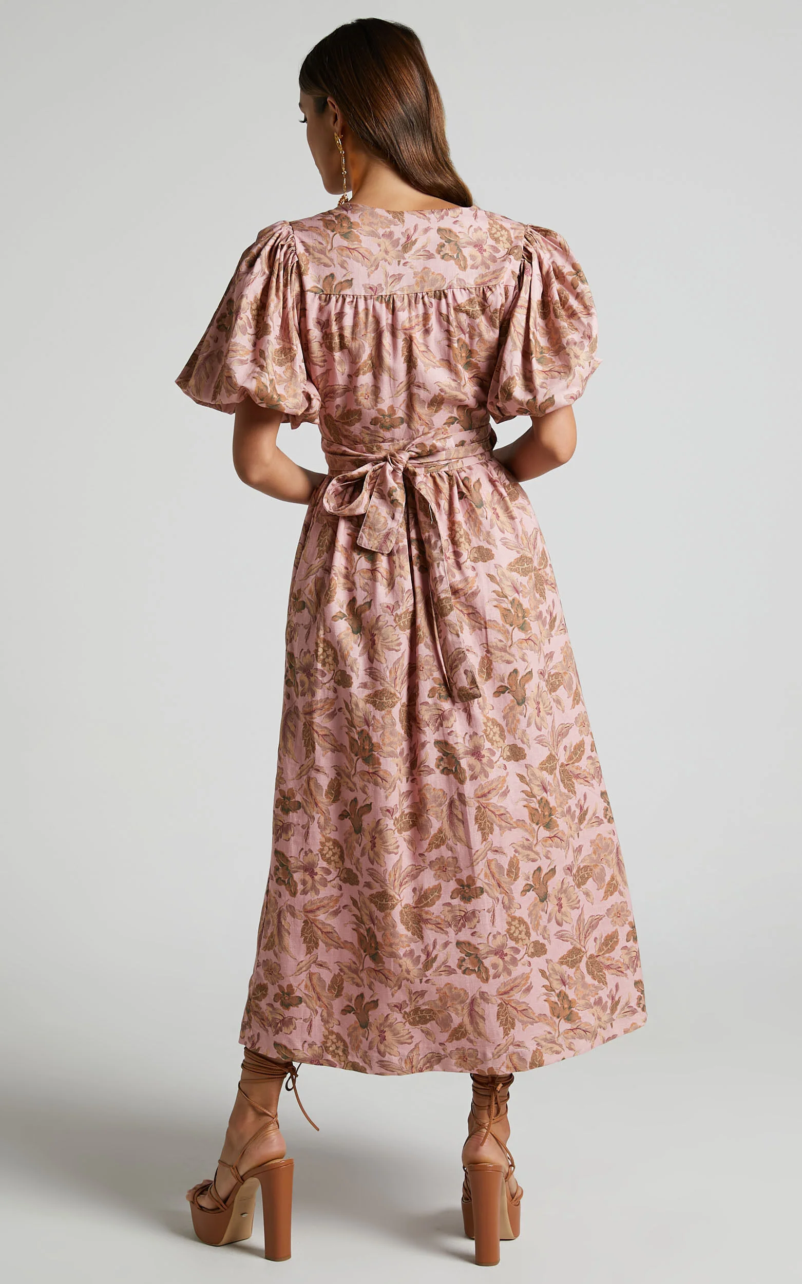 Amalie The Label - Franc Linen Puff Sleeve Wrap Midi Linen Dress in Vahala Print