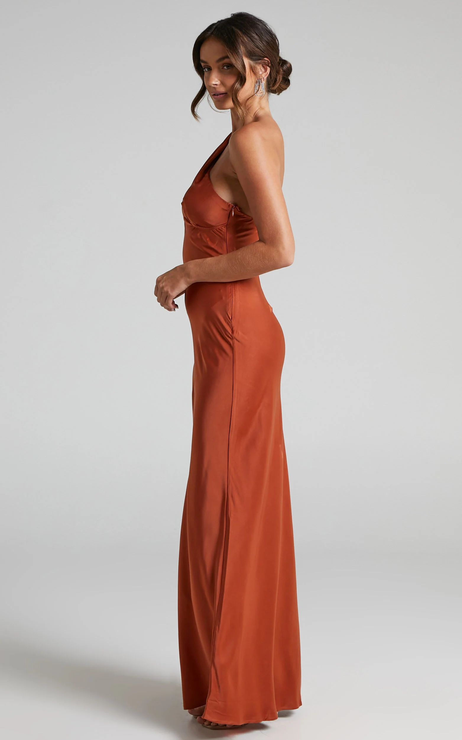 Elzales Midi Dress - One Shoulder Beaded Strap Satin Dress in Rust
