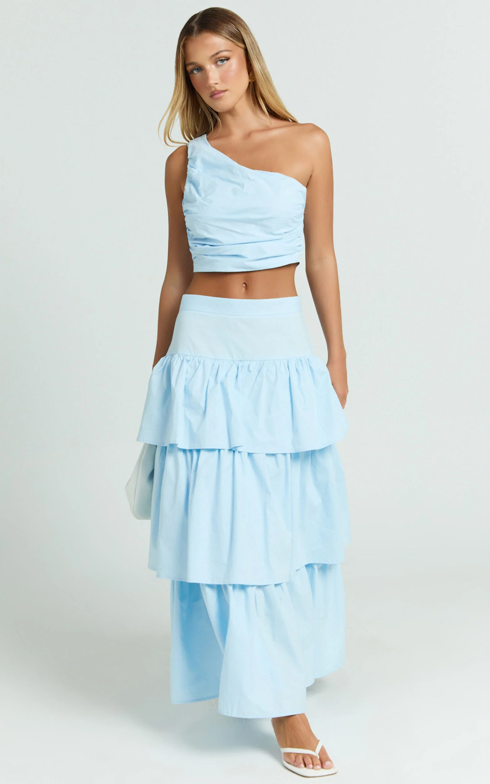 Kaycie Two Piece Set - One Shoulder Asymmetrical Ruched Top and Tiered Midi Skirt Set in Pale Blue